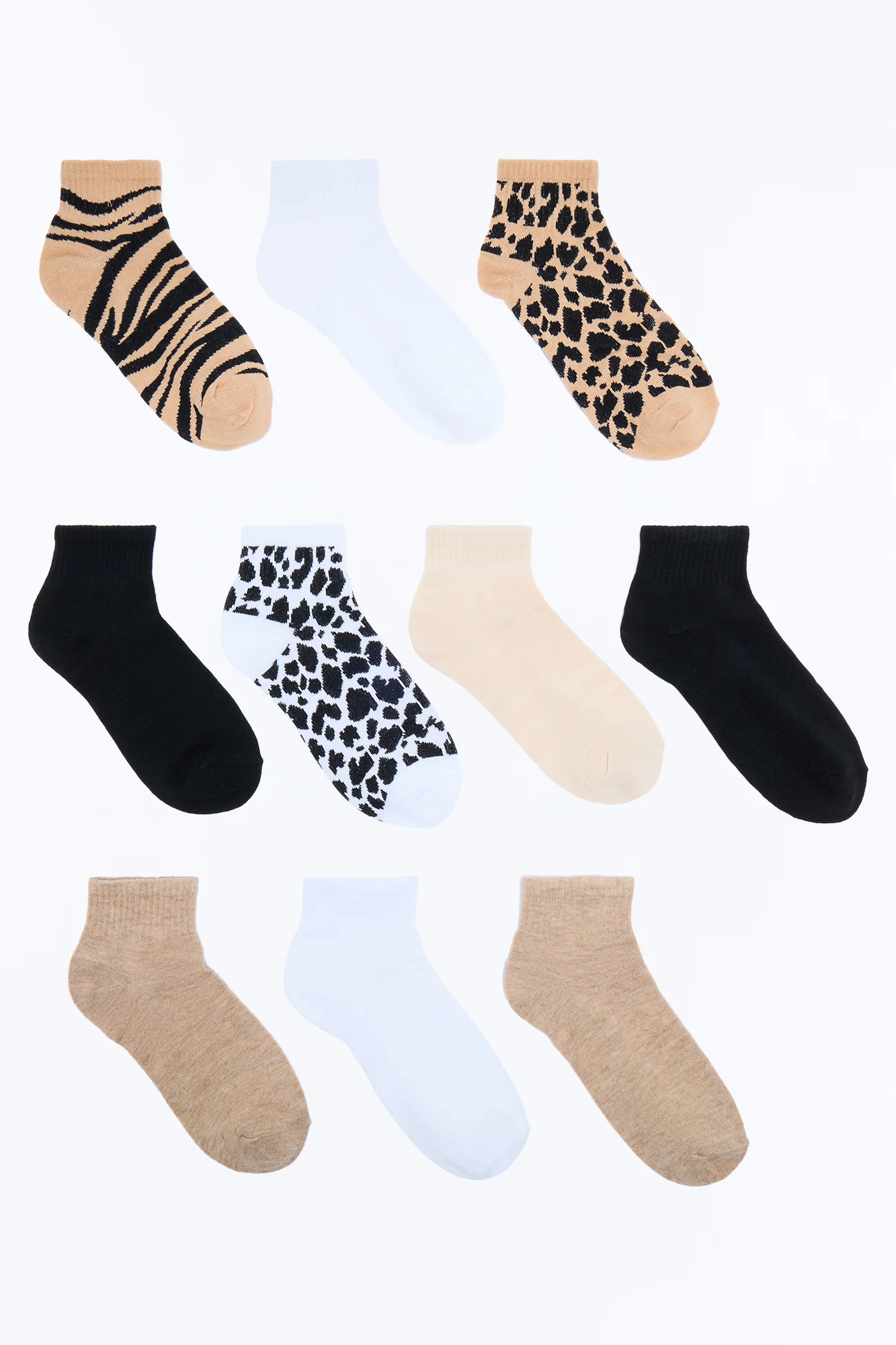 10 Pack Wild Animal Quarter Length Socks - Brown/combo - Image 2