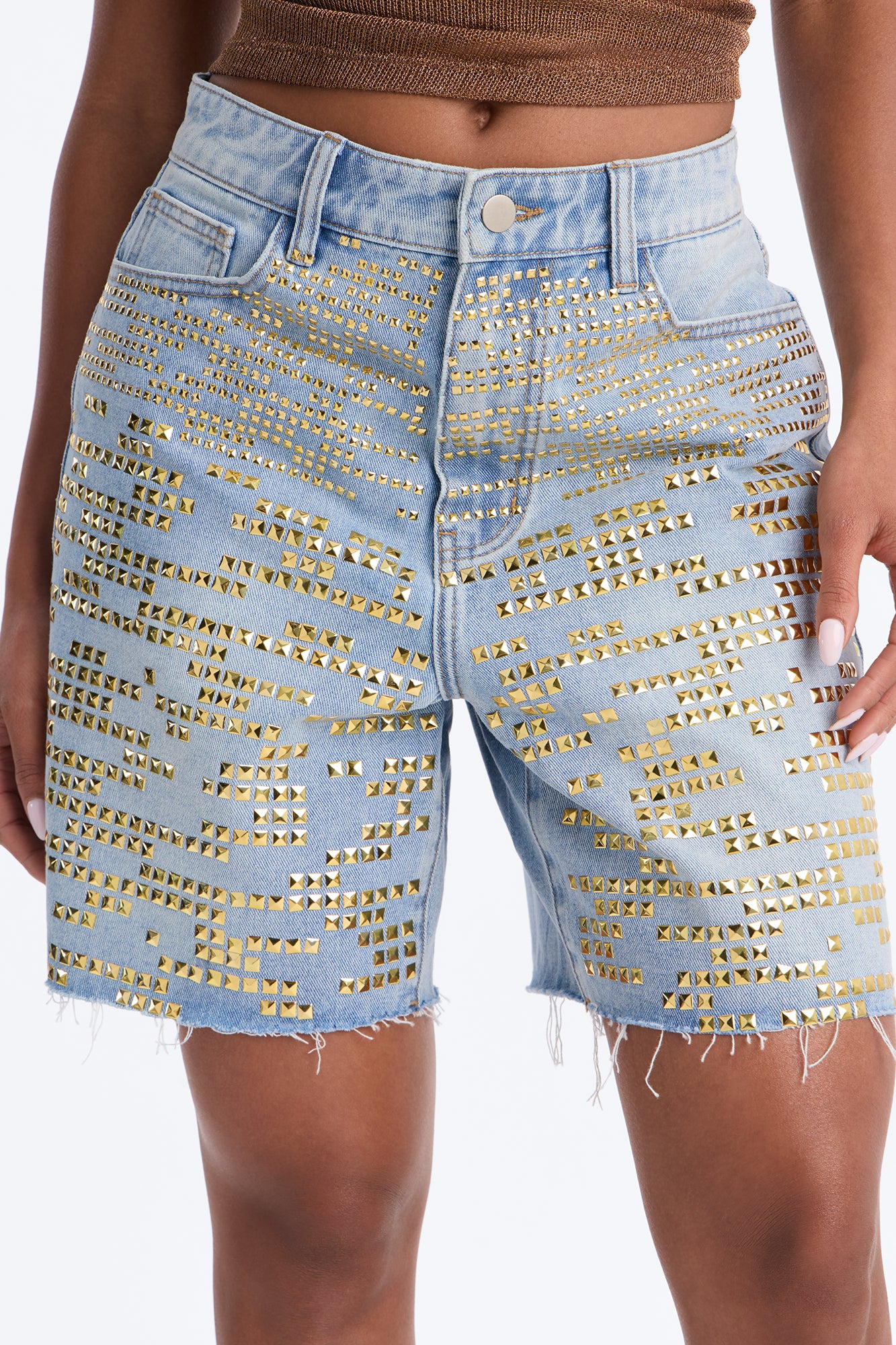2014 Embellished Cut Off Denim Bermudas - Light Wash