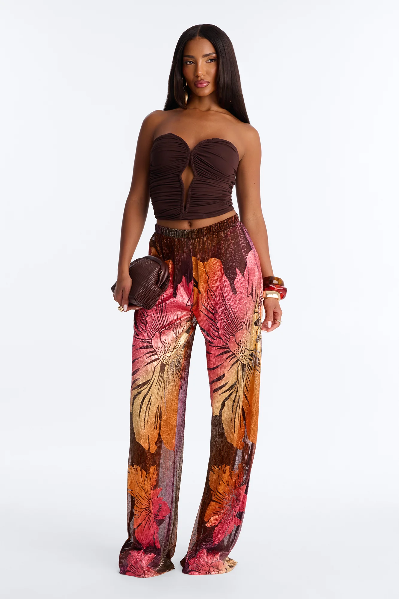 Addison Metallic Floral Wide Leg Pant - Rust/combo