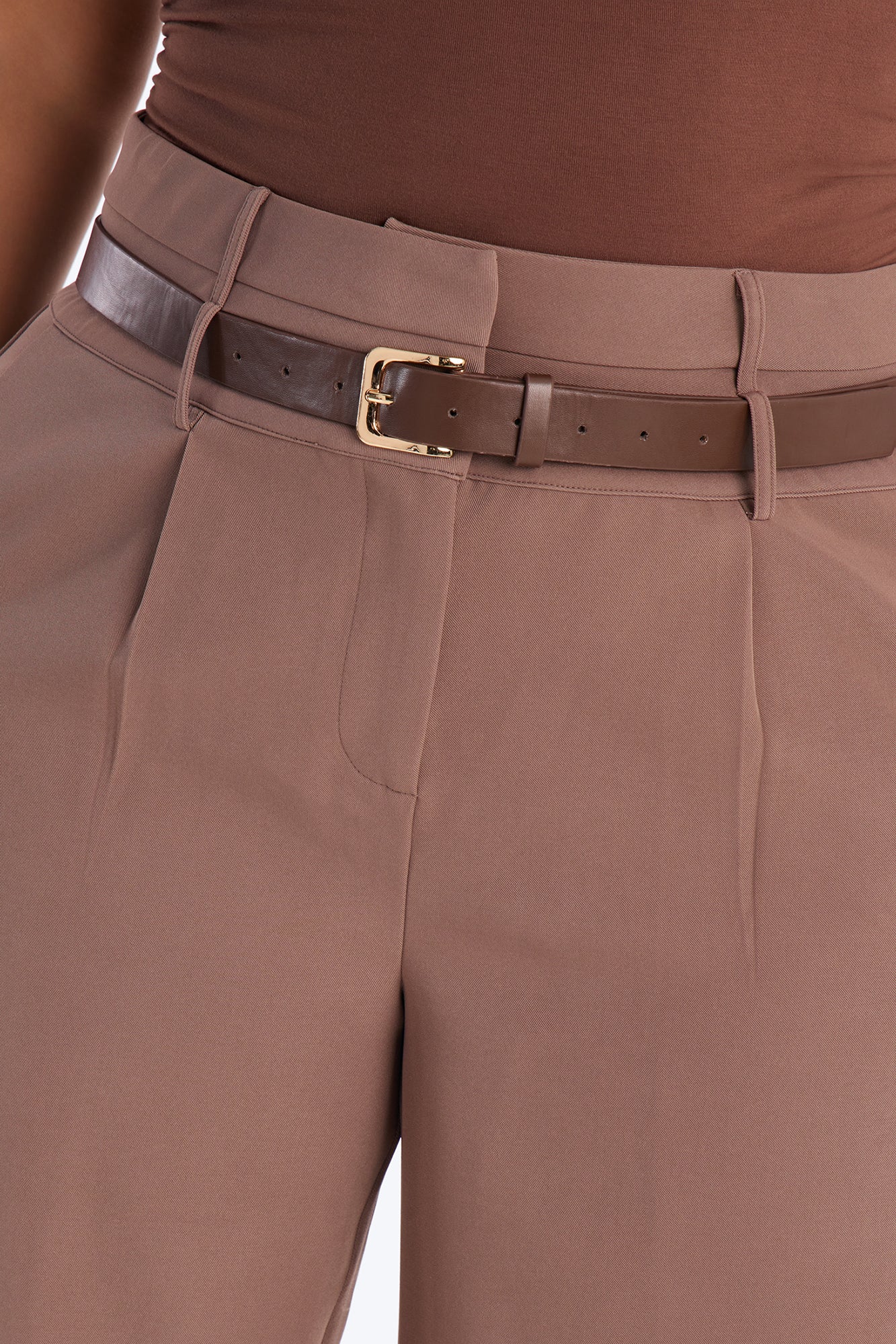 Adelaide Belted Wide Leg Pleated Trouser - Caffe - Image 6