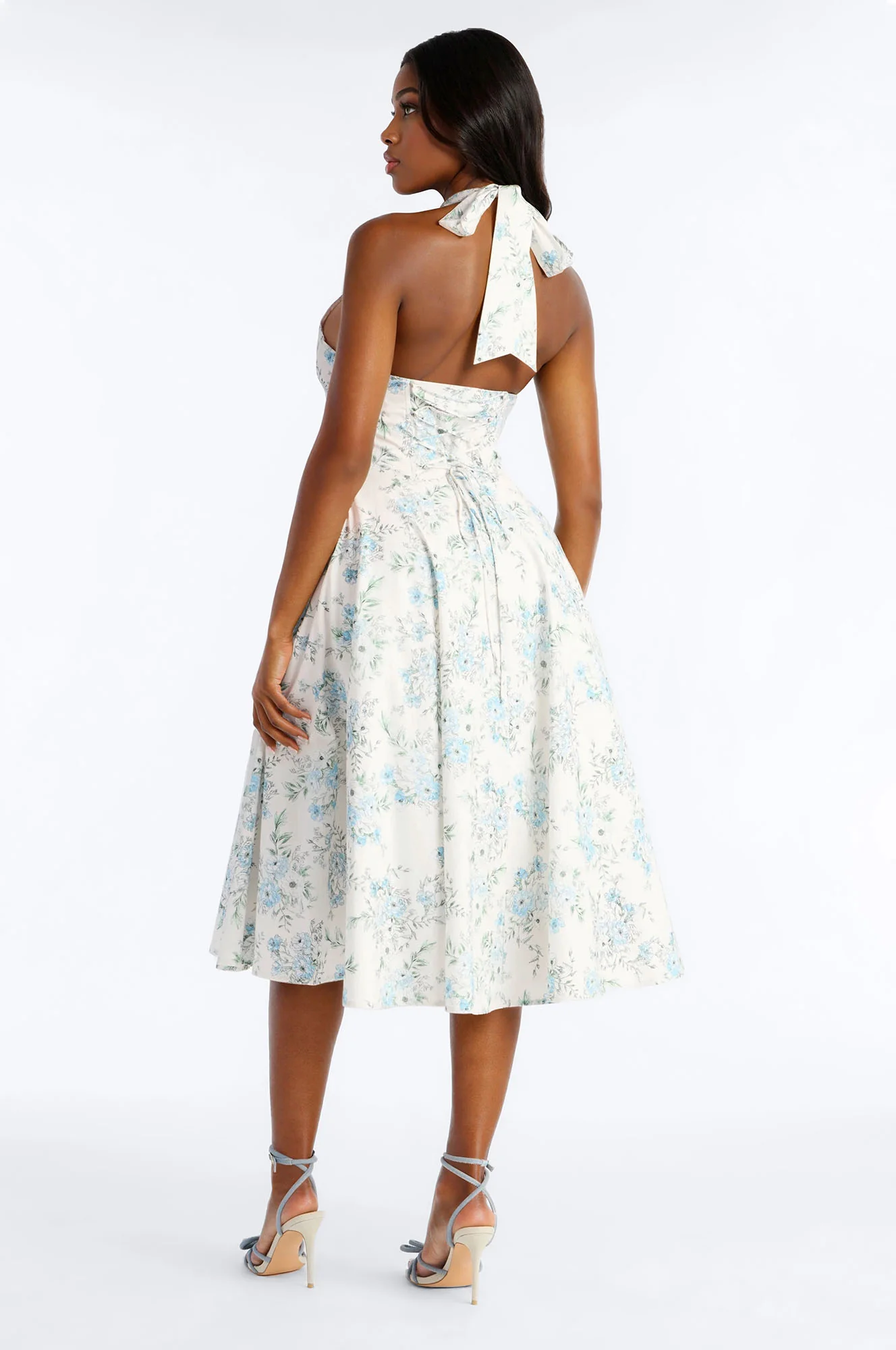 Adelaide Halter Floral Midi Dress - White/Blue - Image 4