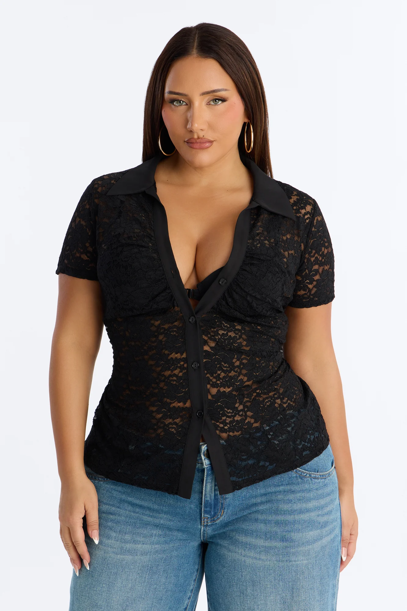 Adelina Short Sleeve Lace Top - Black - Image 5