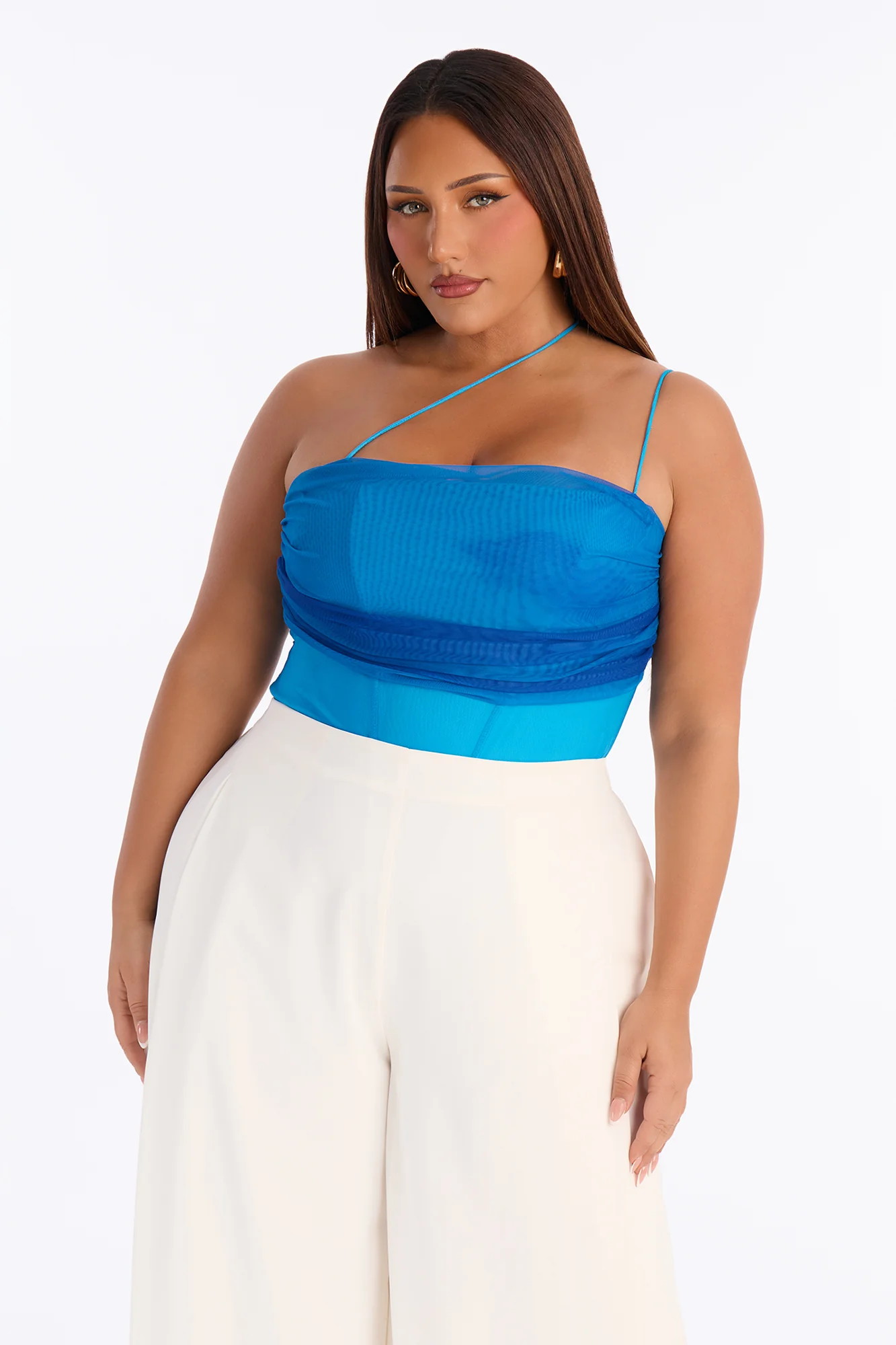 Adeline One Shoulder Mesh Bodysuit - Blue/combo - Image 8