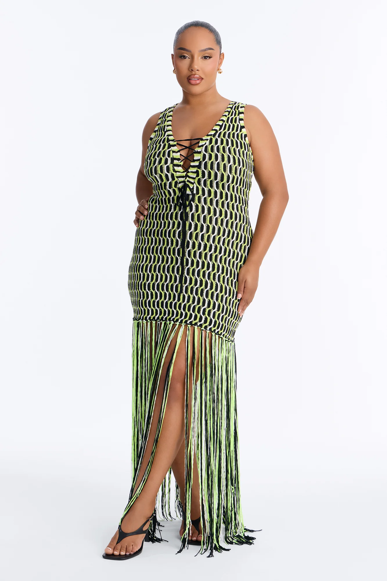 After Hours Fringe Sweater Maxi Dress - Green/combo - Image 5