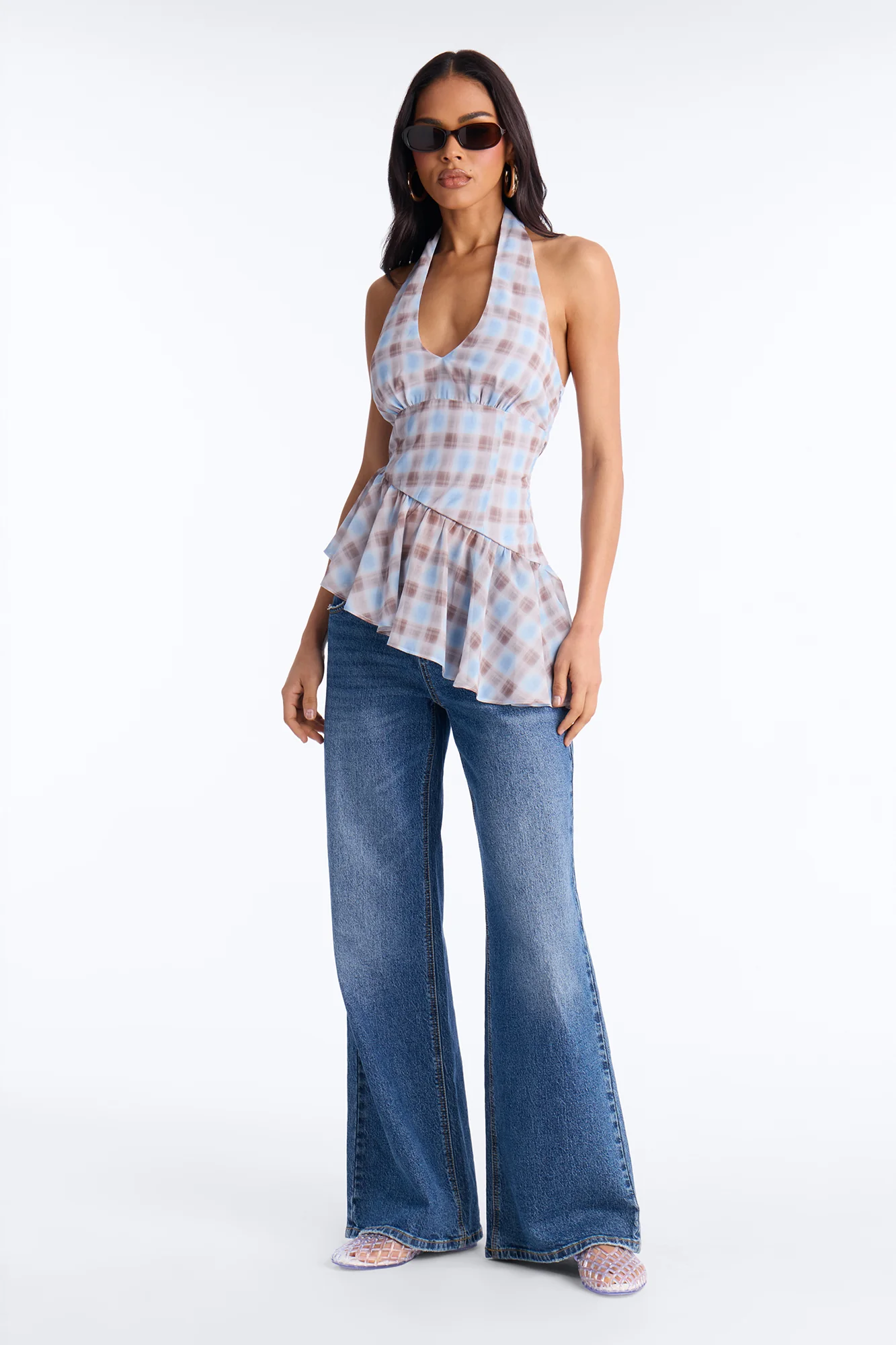 Afternoon Delight Ruffle Plaid Chiffon Halter Top - Blue/combo - Image 2