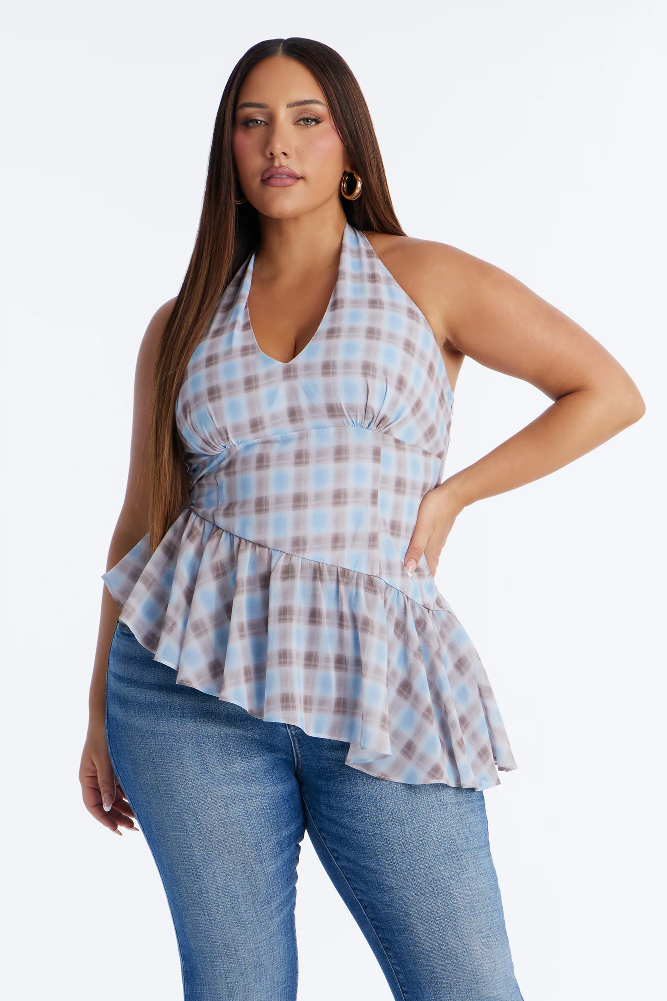 Afternoon Delight Ruffle Plaid Chiffon Halter Top - Blue/combo - Image 5