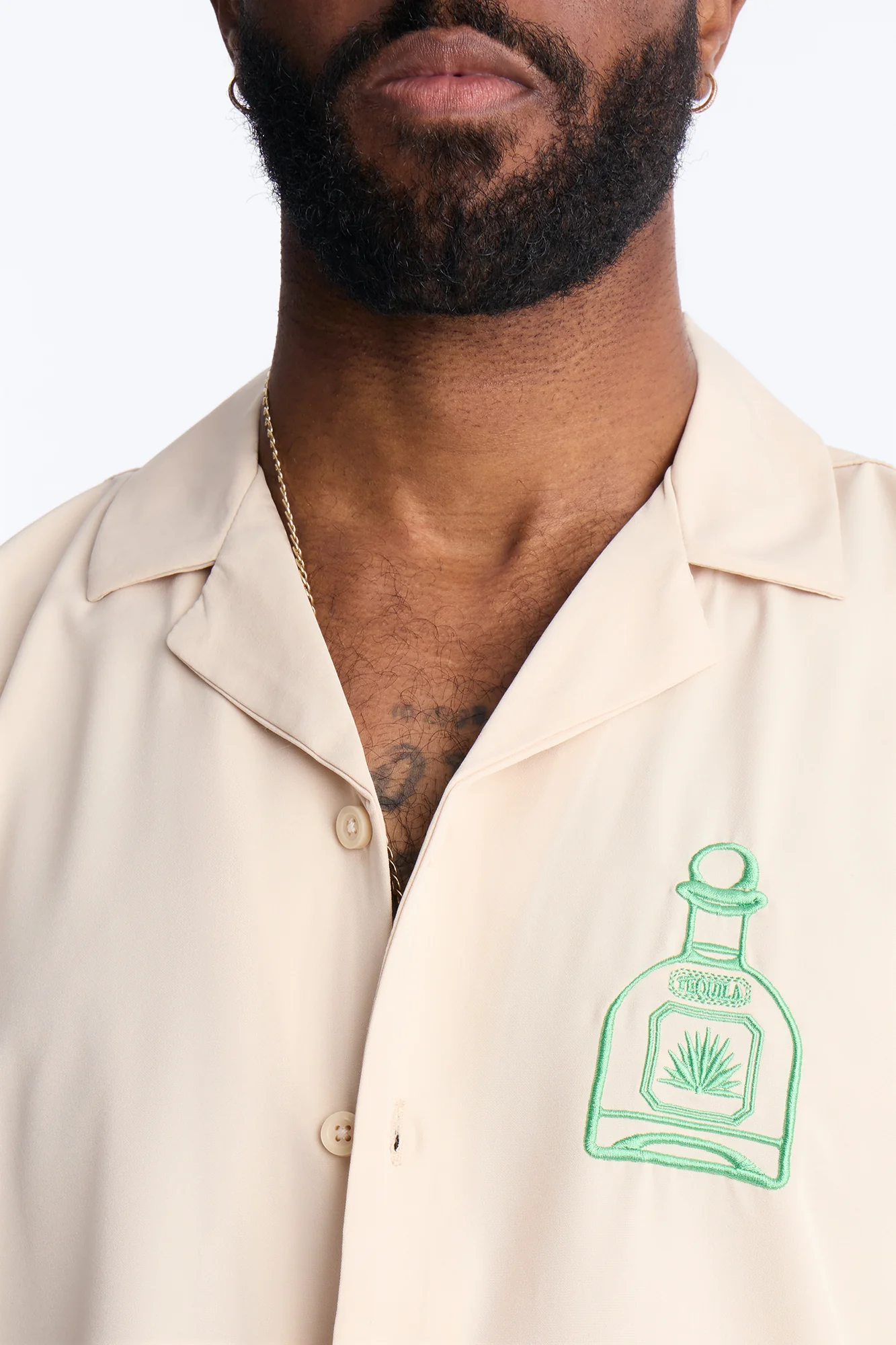 Agave Palm Embroidered Cuban Collar Button Up Shirt - Off White - Image 3