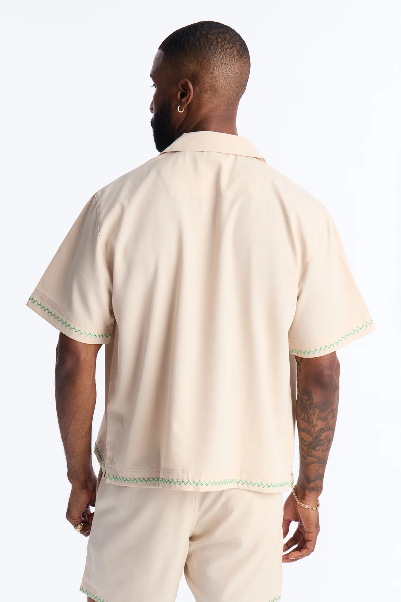 Agave Palm Embroidered Cuban Collar Button Up Shirt - Off White - Image 5