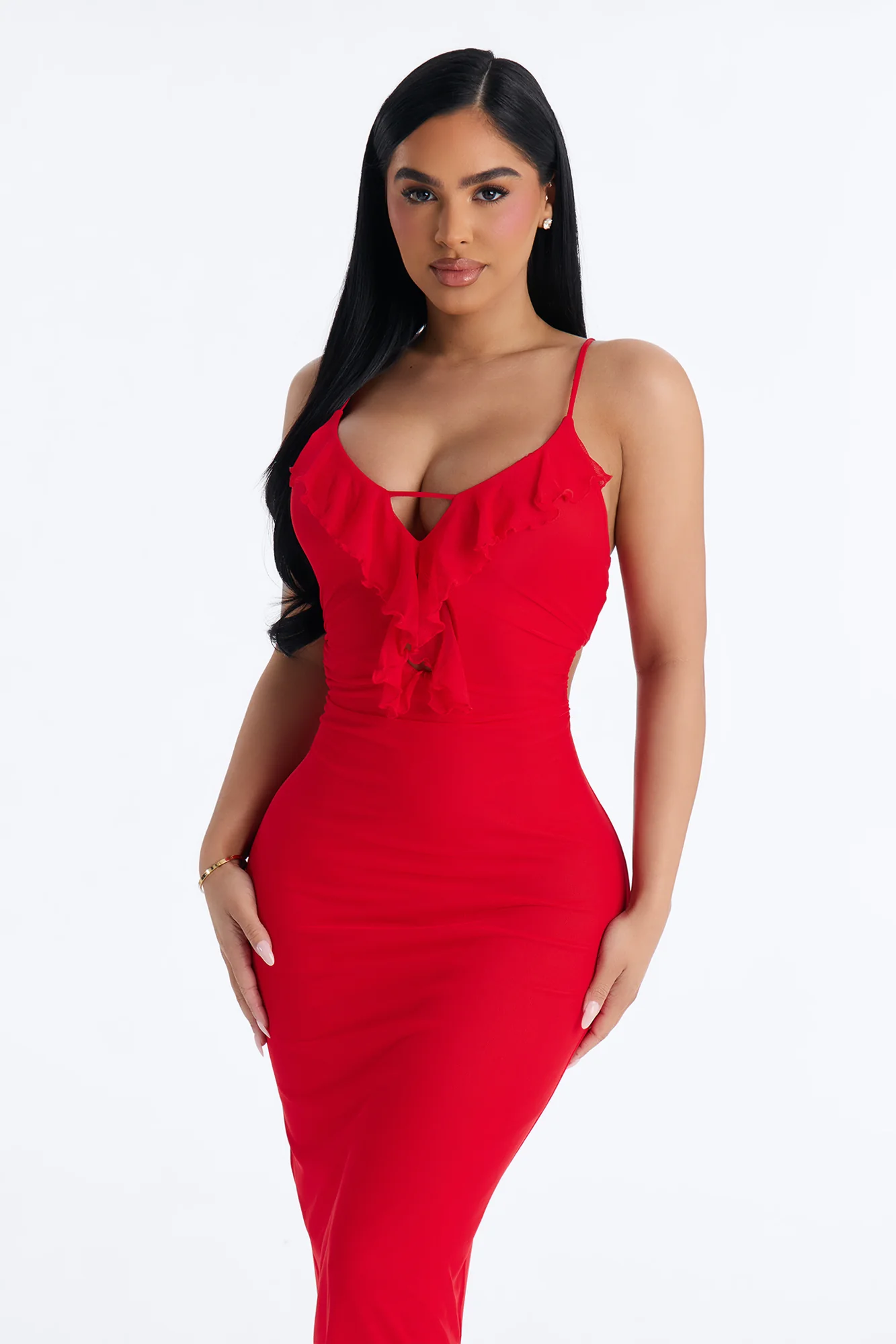 Aila Ruffle Mesh Midi Dress - Red - Image 2