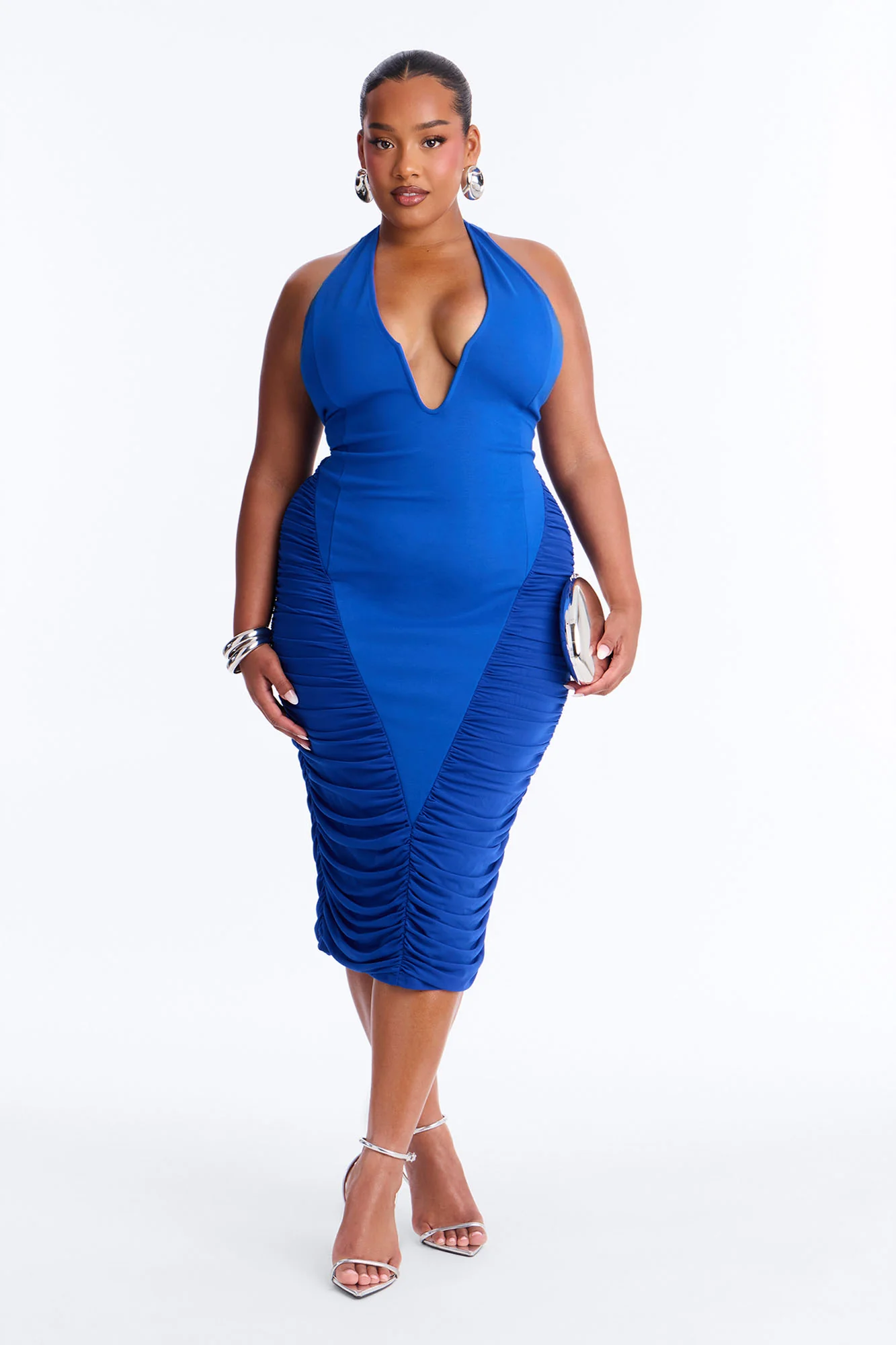 Aimee Halter Ruched Midi Dress - Blue - Image 4