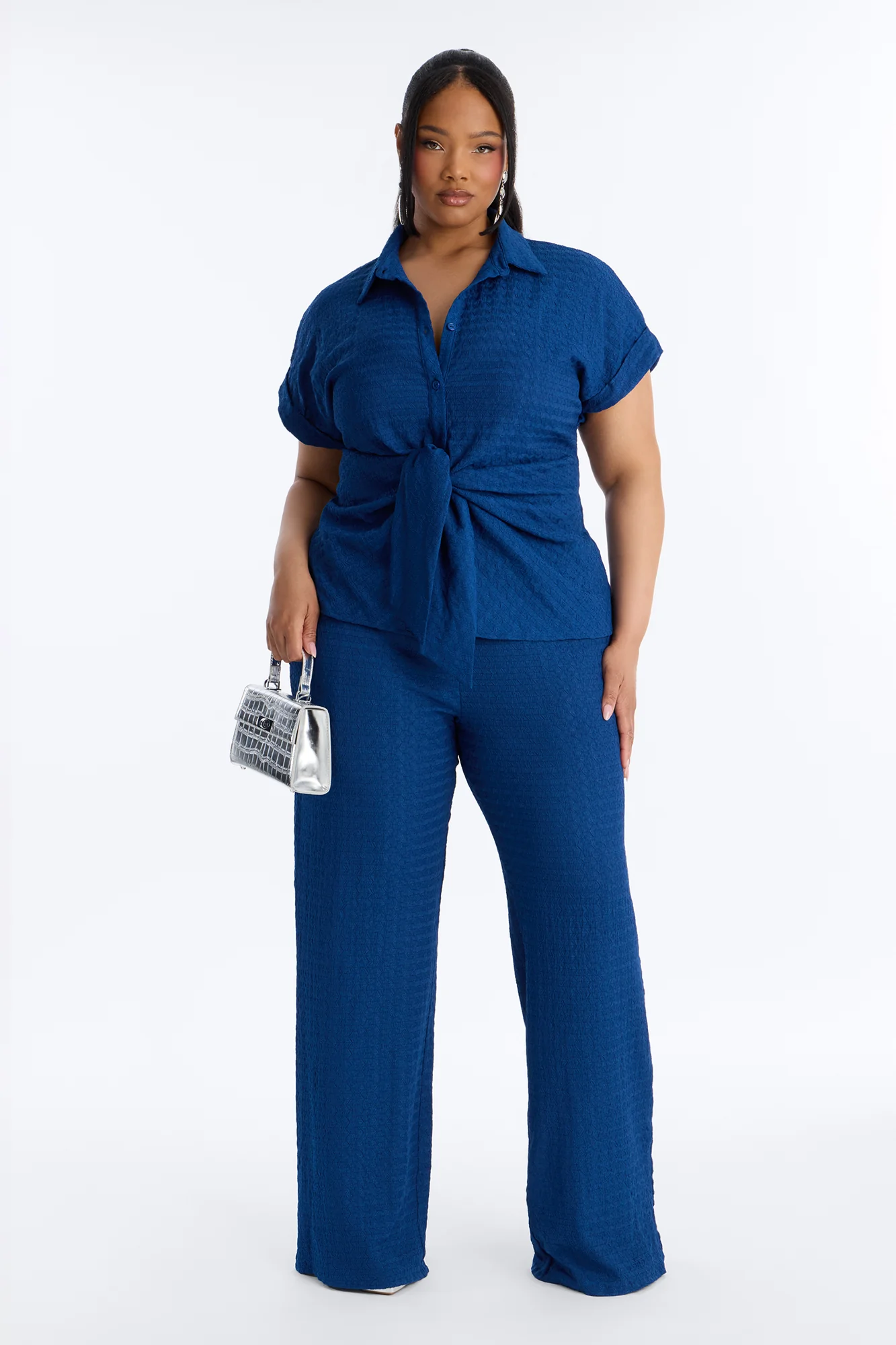 Ainsley Textured Tie Front Pant Set - Navy - Image 5