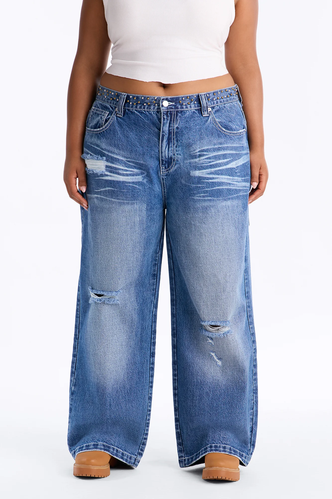 Ain’t No Saint Studded Embroidered Baggy Jeans - Dark Wash - Image 4