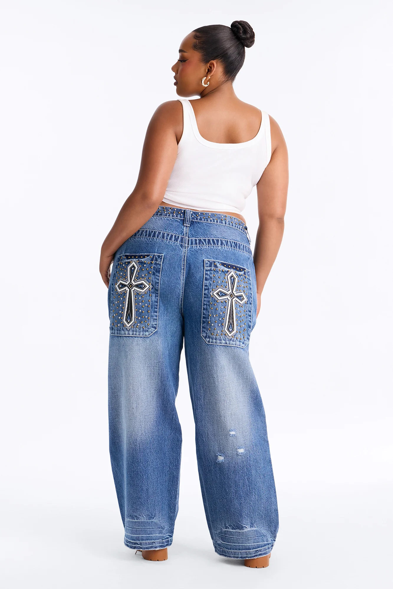 Ain’t No Saint Studded Embroidered Baggy Jeans - Dark Wash - Image 5