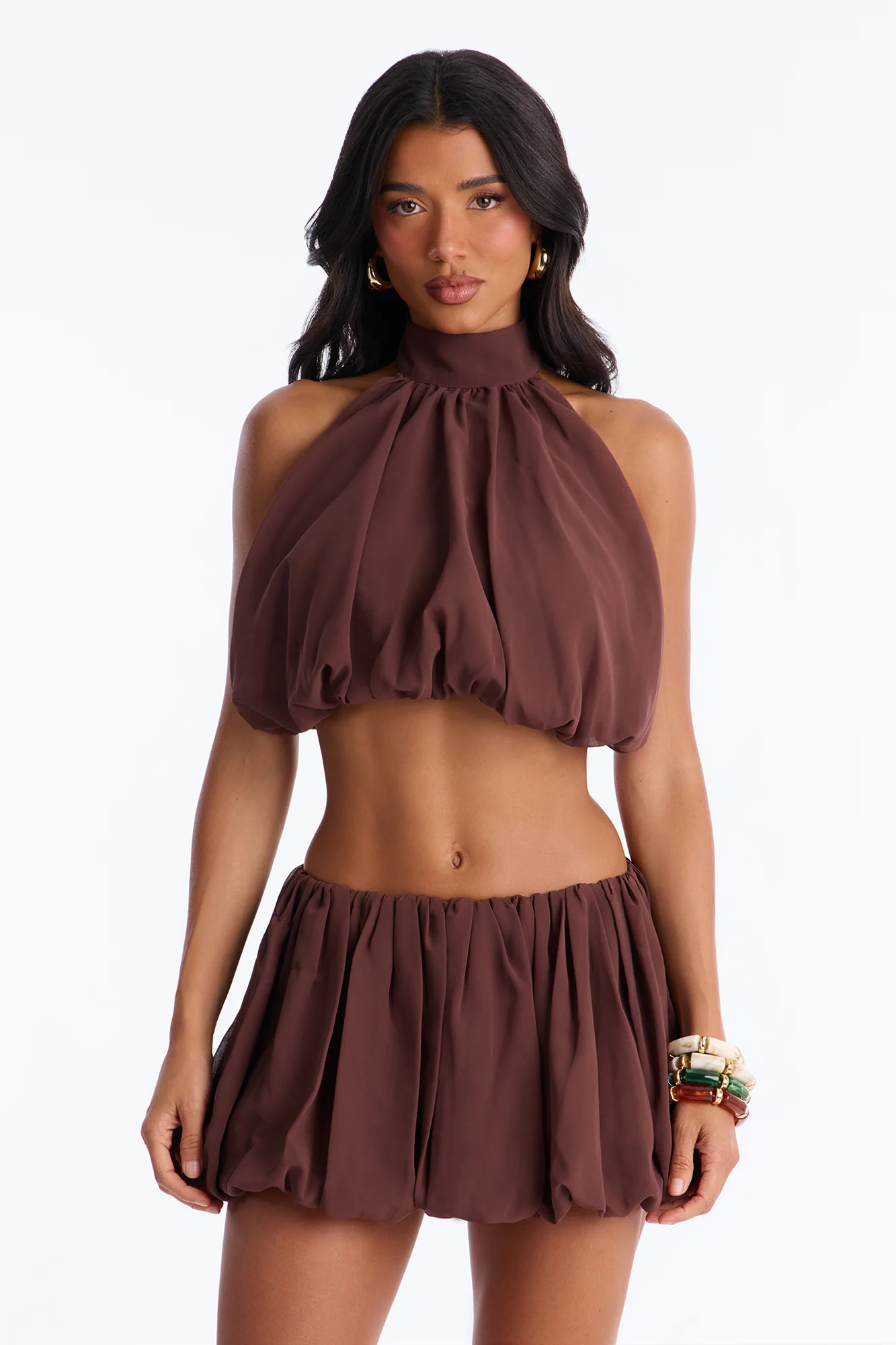 Alessia Halter Bubble Mini Skirt Set - Brown - Image 4