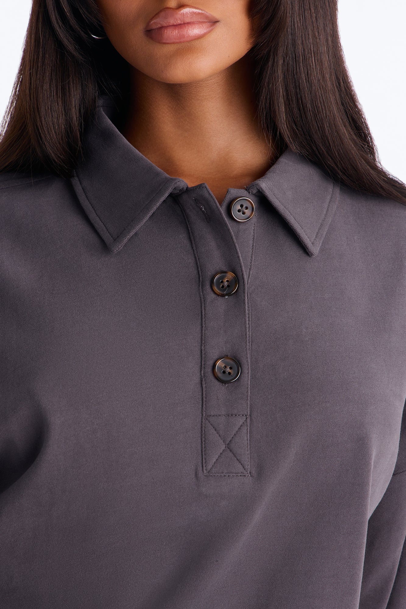 Alex Long Sleeve Button Up Polo Top - Charcoal - Image 3