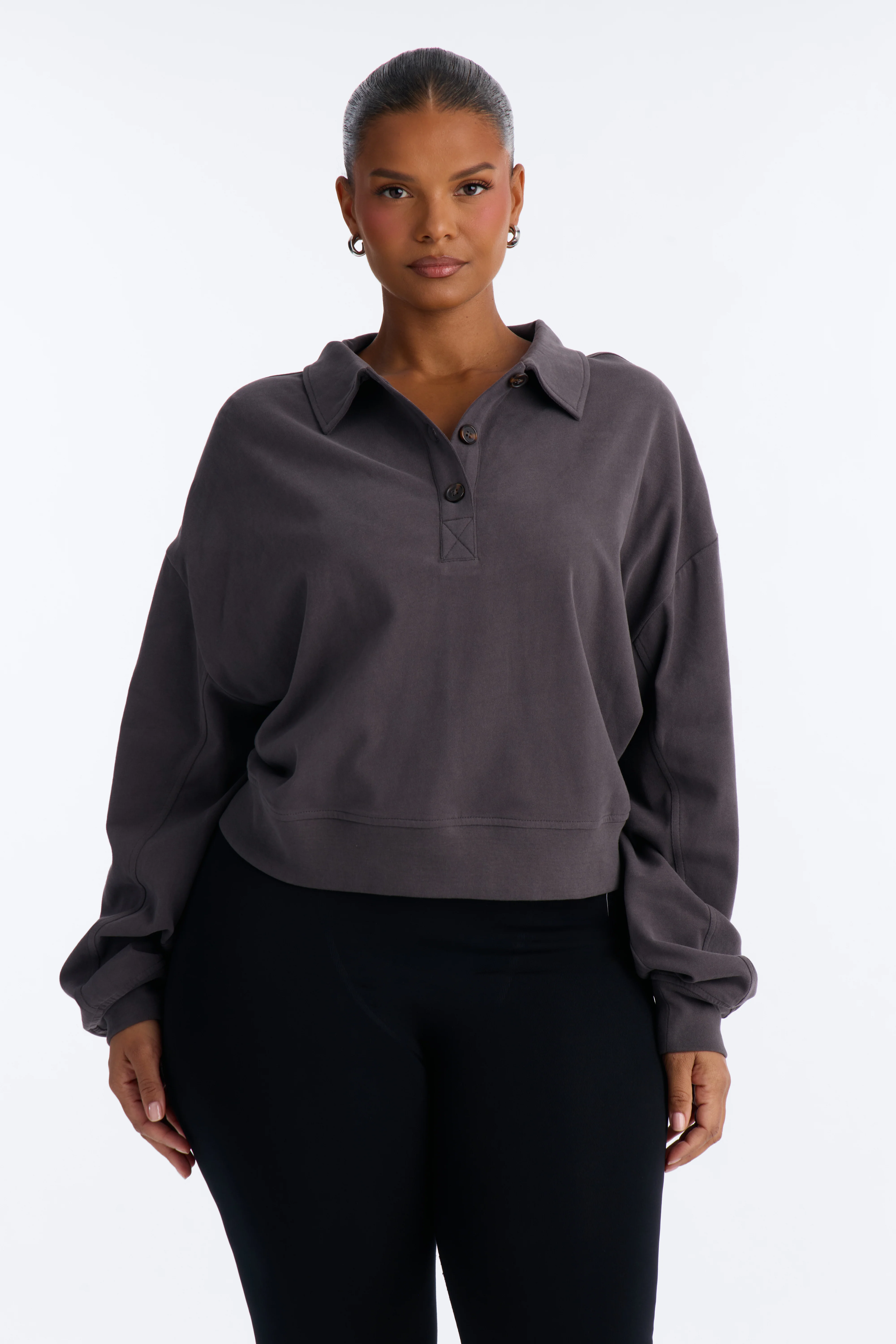 Alex Long Sleeve Button Up Polo Top - Charcoal - Image 5