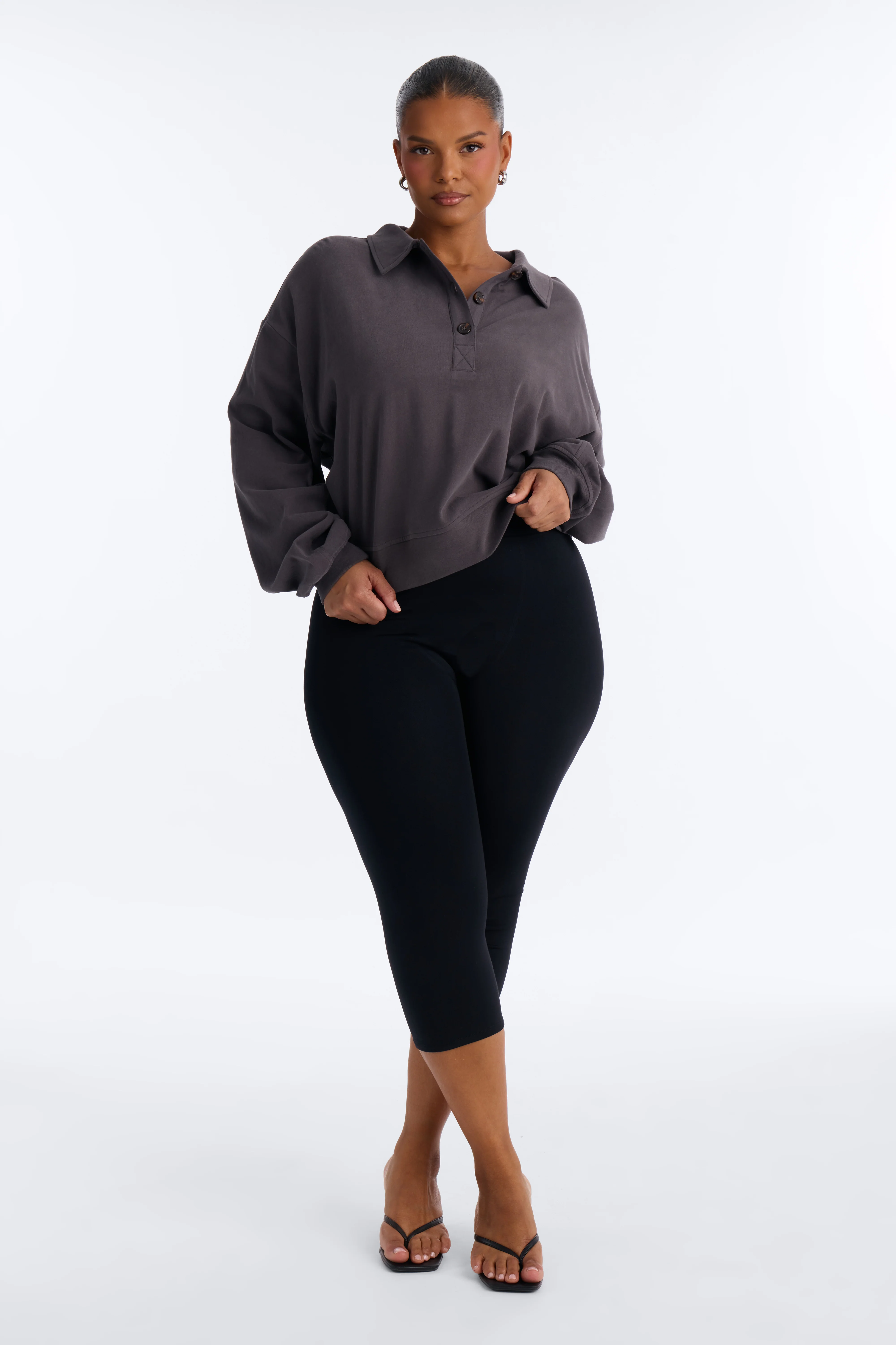 Alex Long Sleeve Button Up Polo Top - Charcoal - Image 6