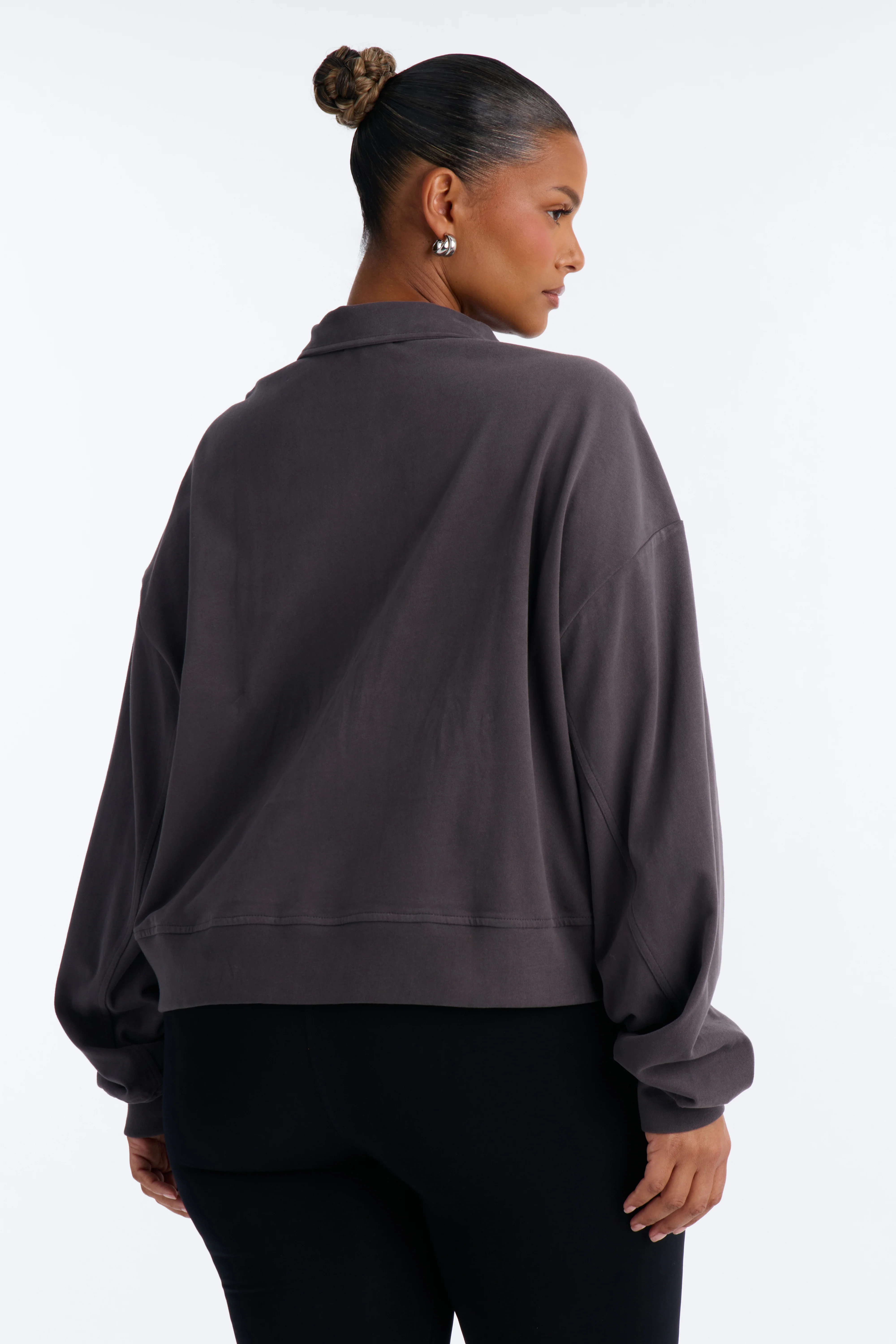 Alex Long Sleeve Button Up Polo Top - Charcoal - Image 7