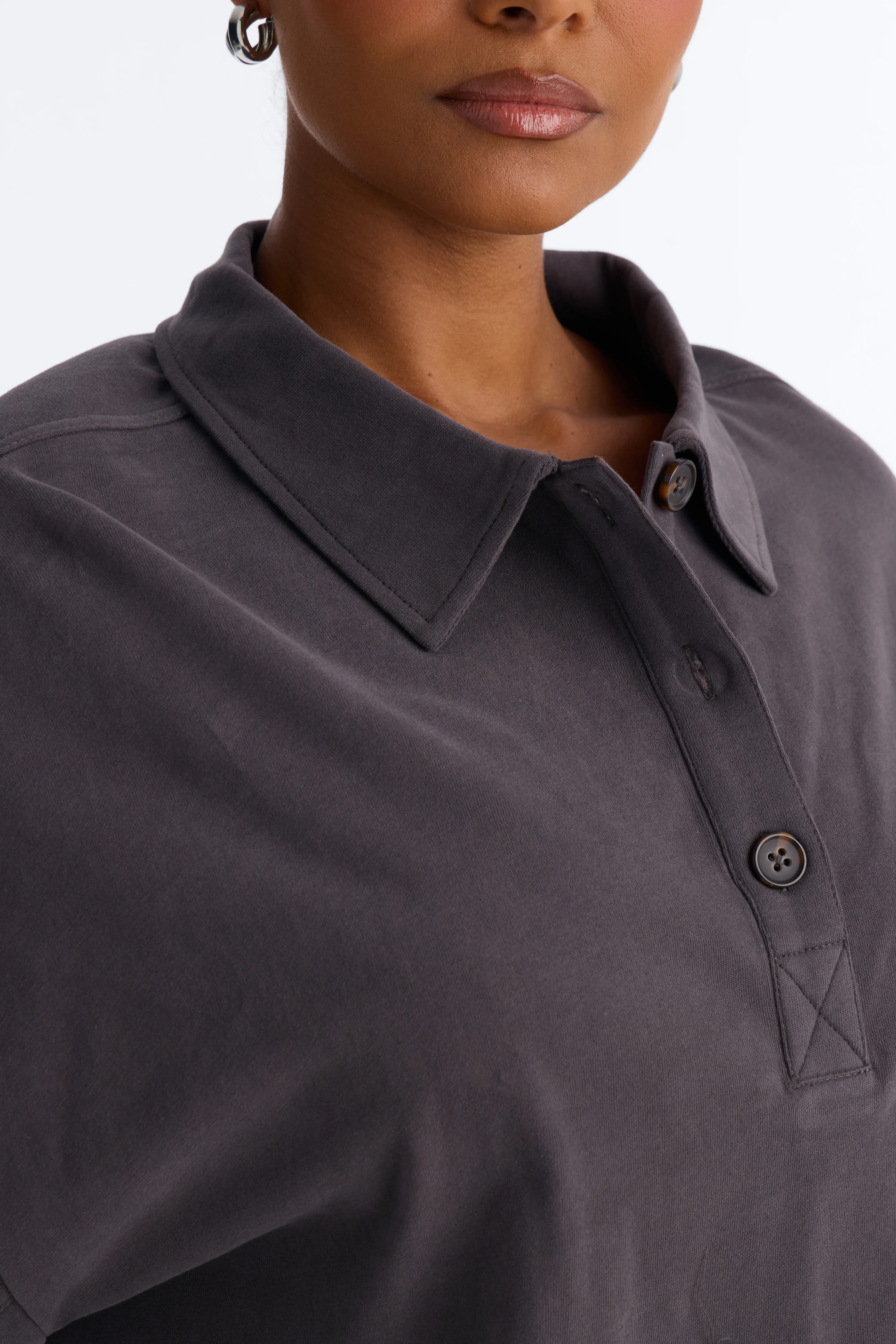 Alex Long Sleeve Button Up Polo Top - Charcoal - Image 8