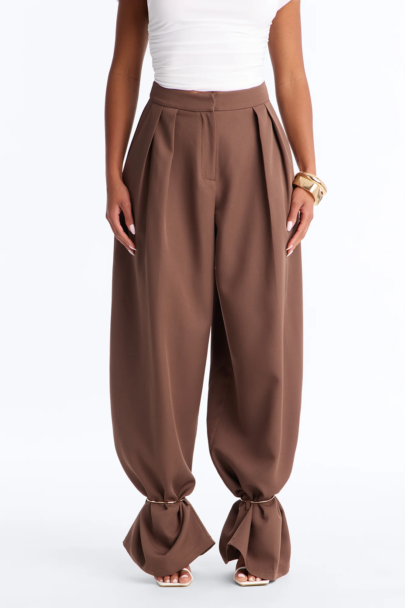 Alex Metal Cuffed Jewellery Straight Leg Trouser - Brown - Image 2