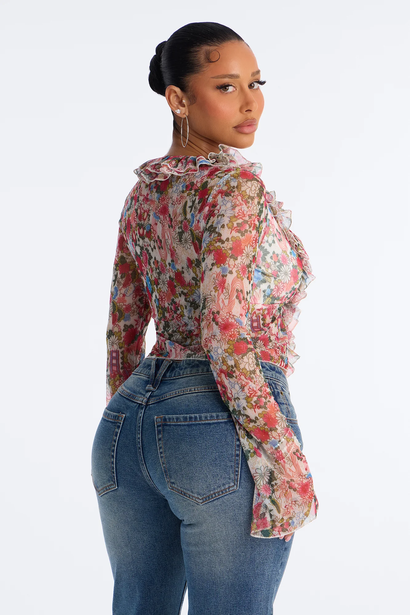 Alexa Ruffle Floral Mesh Long Sleeve Top - Multi Color - Image 4