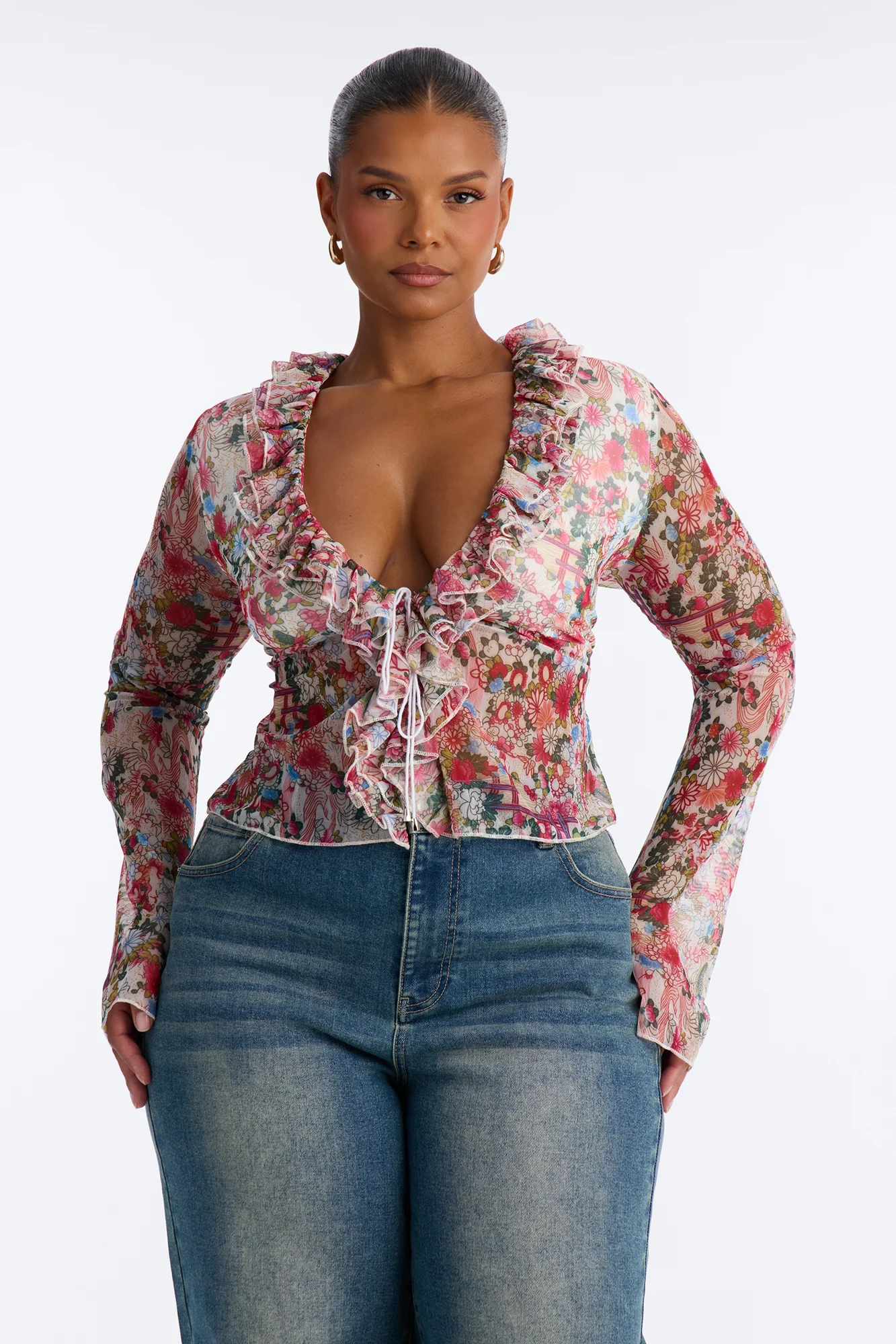 Alexa Ruffle Floral Mesh Long Sleeve Top - Multi Color - Image 5