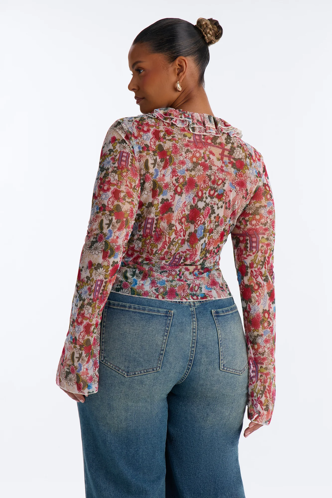 Alexa Ruffle Floral Mesh Long Sleeve Top - Multi Color - Image 7