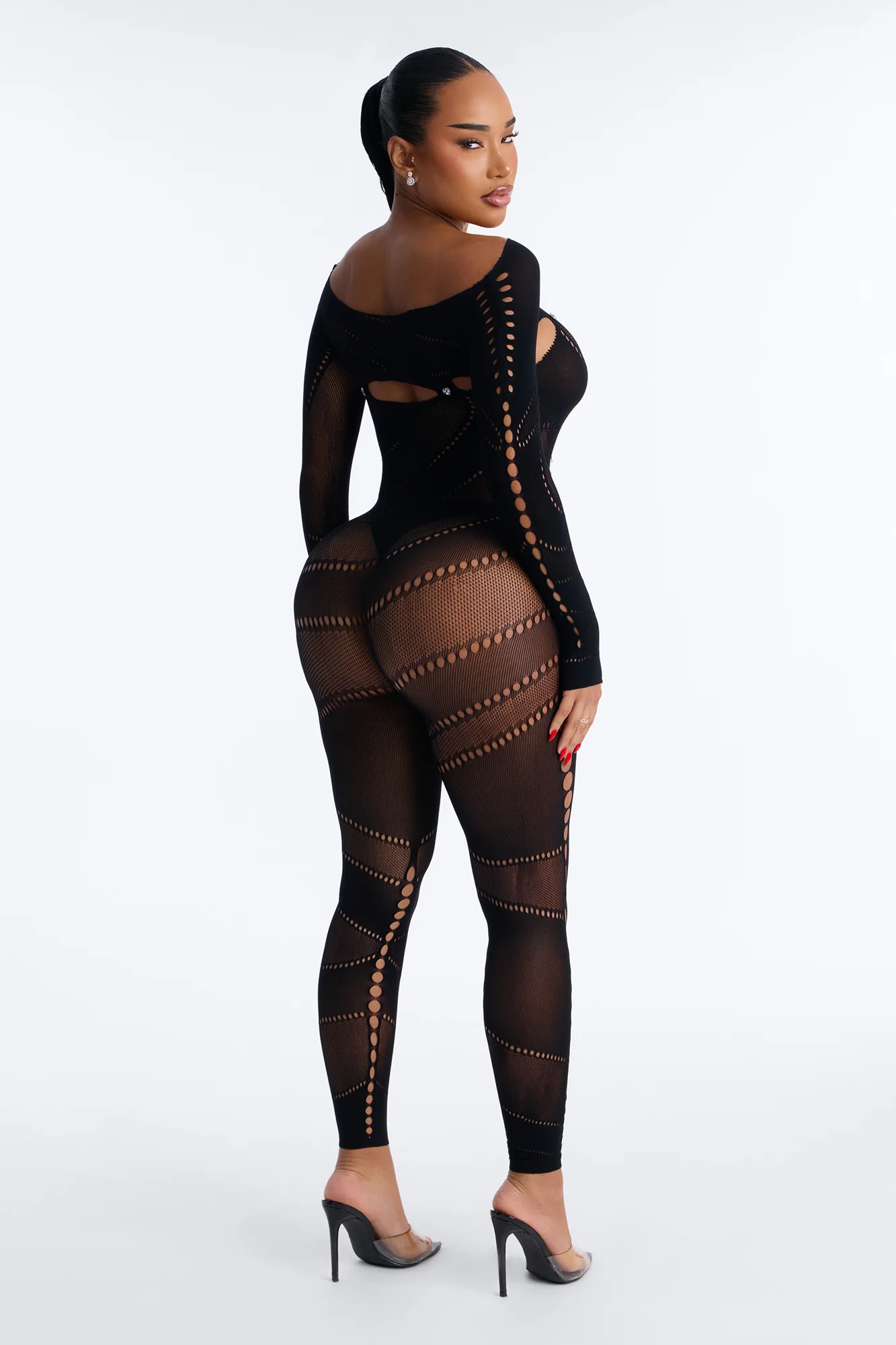 Alexis Rhinestone Jumpsuit Bodystocking - Black - Image 4