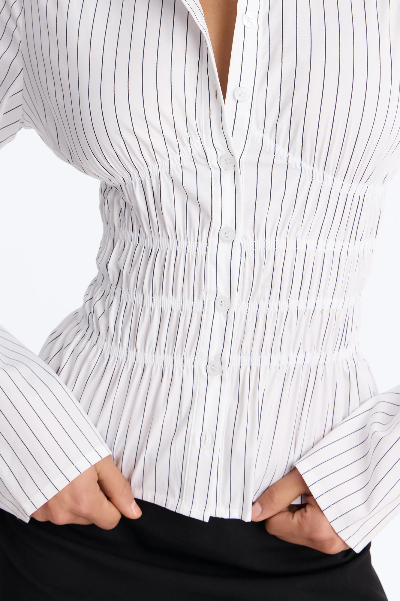 All In The Details Smocked Stripe Poplin Shirt - Black/combo - Image 3