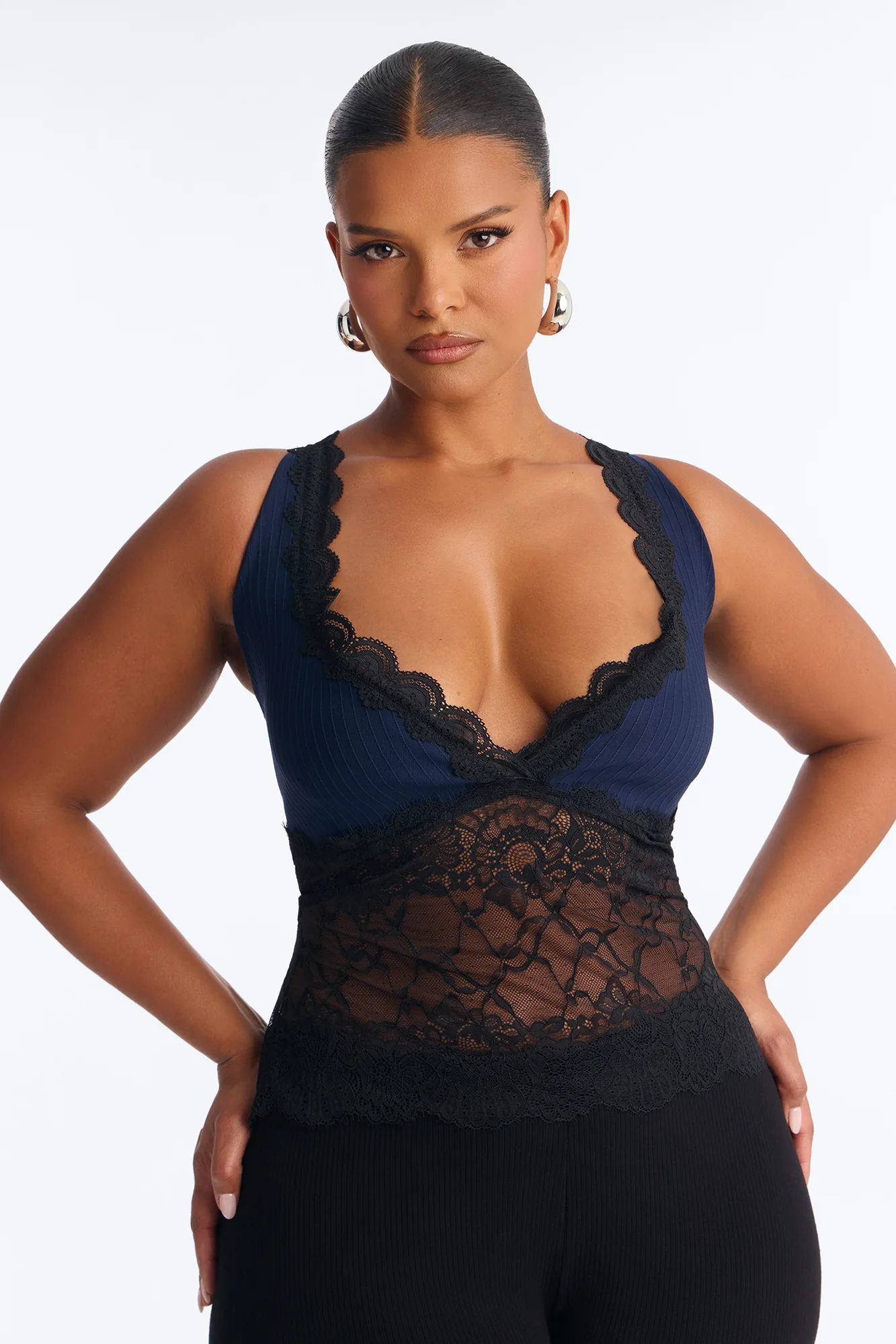 Allison Sheer Lace V Neck Top - Navy/combo - Image 5
