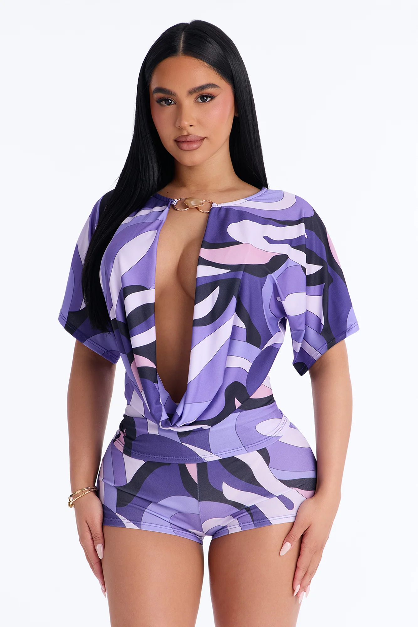 Almost Famous Cowl Neck Short Set - Purple/combo