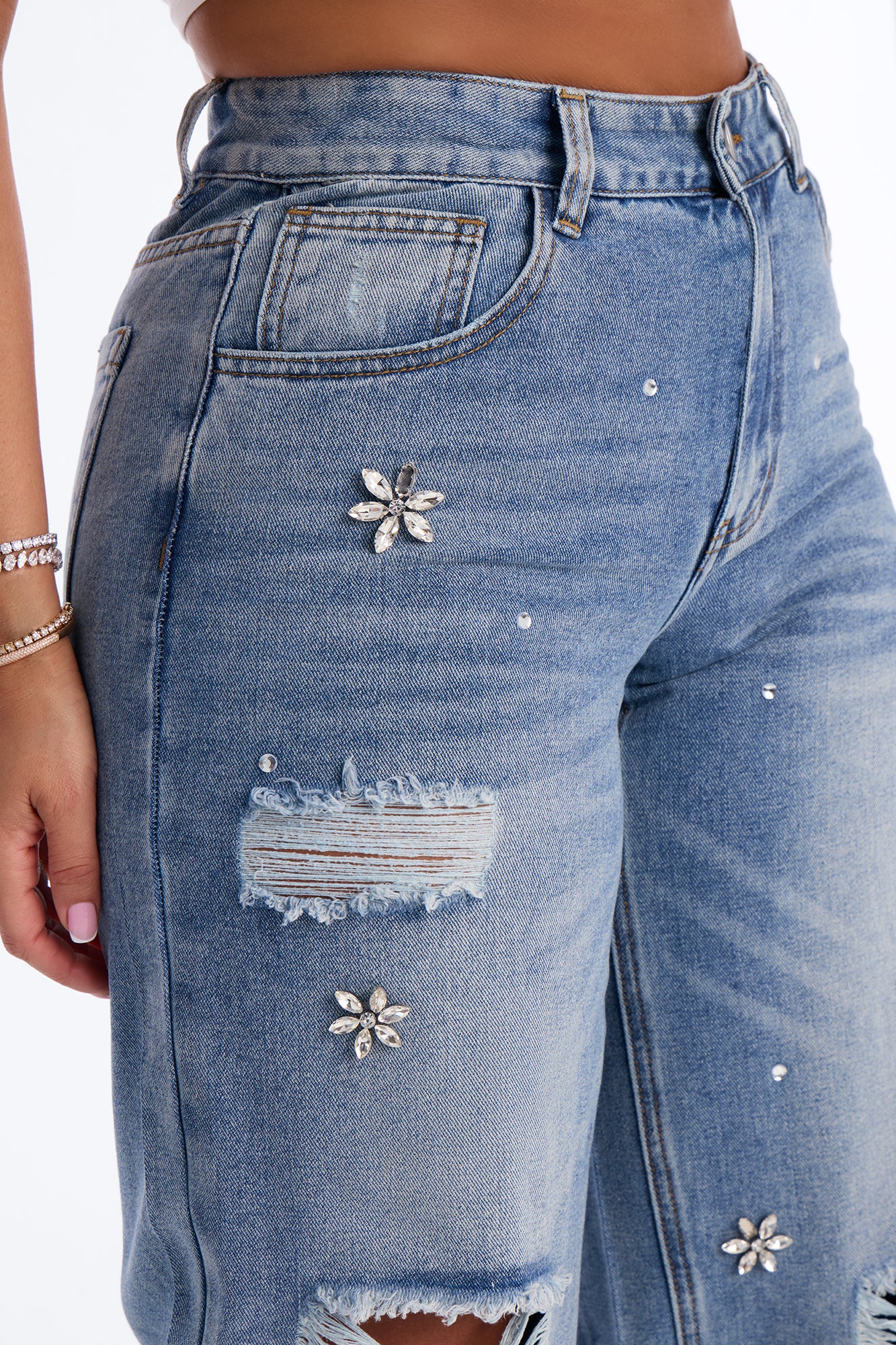 Always Delicate Floral Embellished Wide Leg Jeans - Medium Wash - Image 3