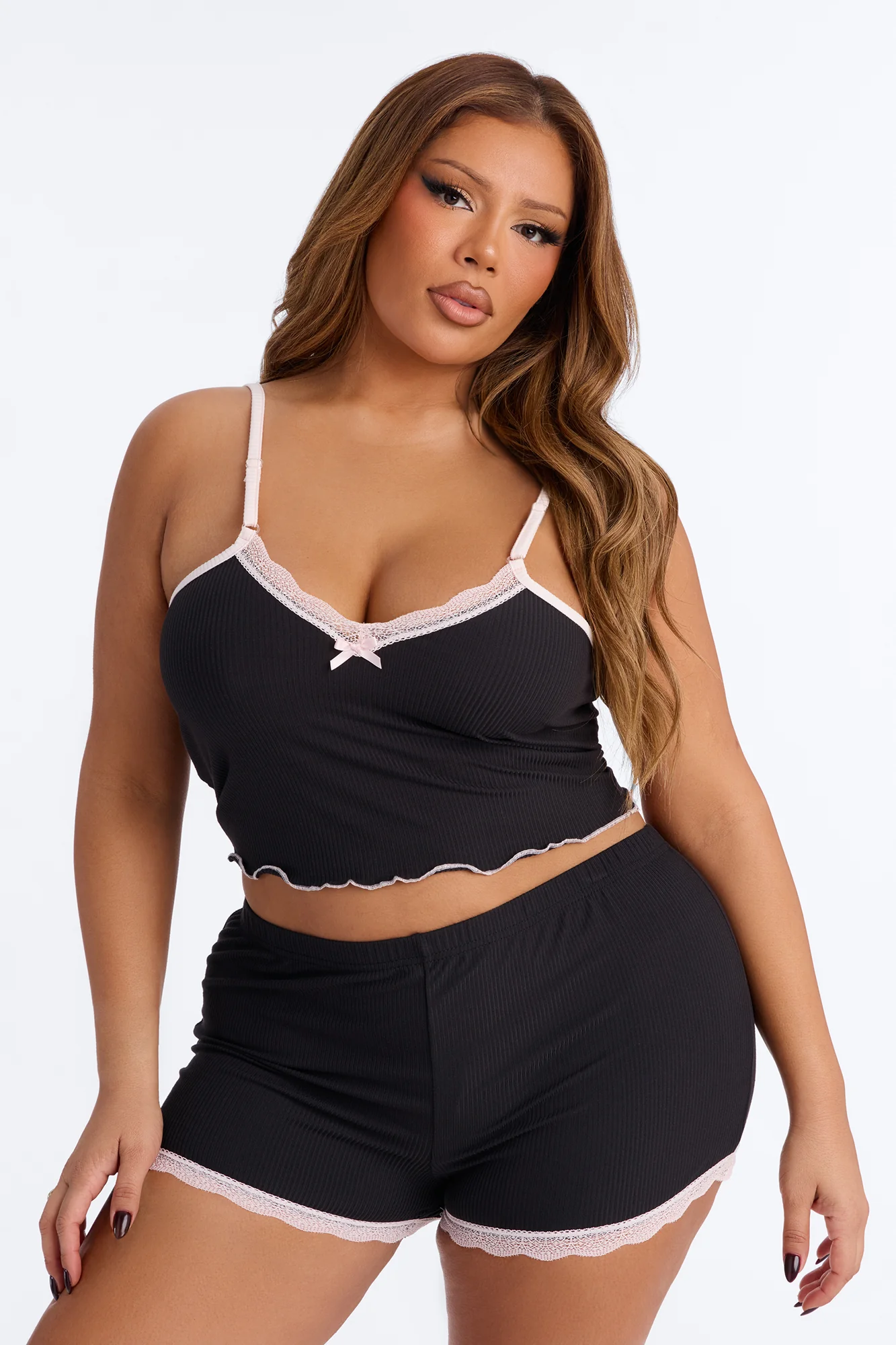 Always On My Mind Ribbed PJ Short Set - Black/Pink - Image 4