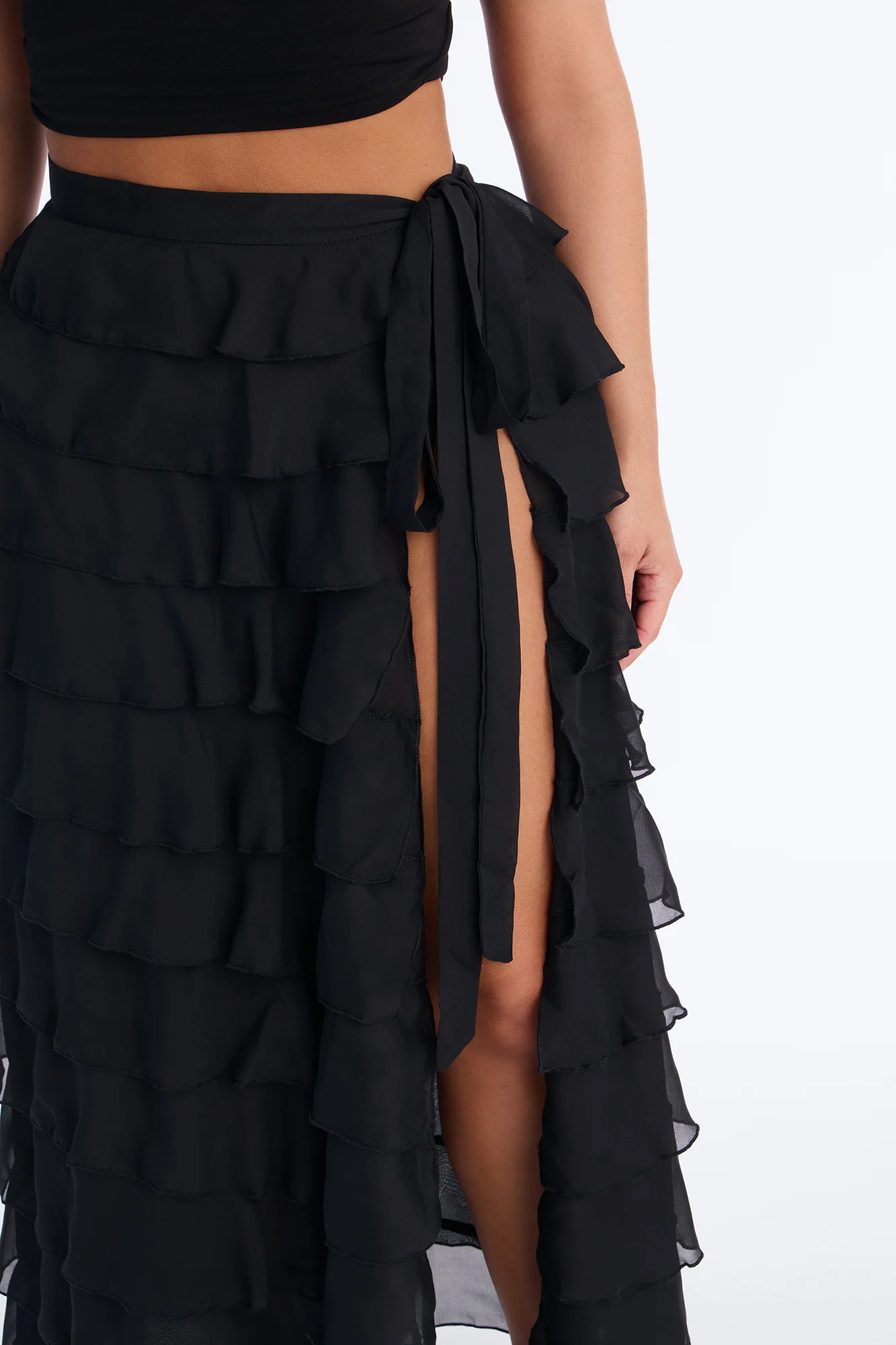 Alyssa Low Rise Tie Waist Ruffle Maxi Skirt - Black - Image 3