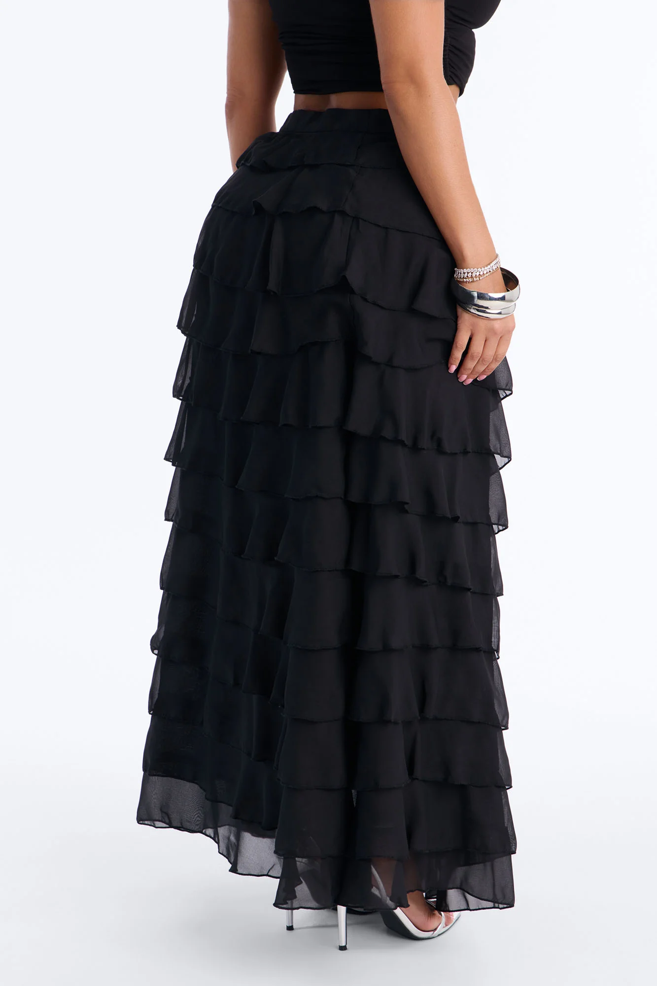 Alyssa Low Rise Tie Waist Ruffle Maxi Skirt - Black - Image 4