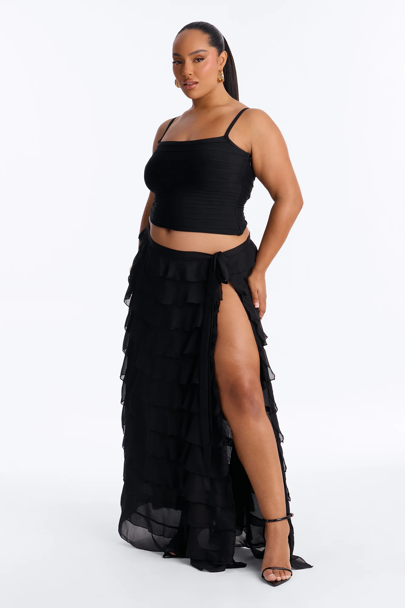 Alyssa Low Rise Tie Waist Ruffle Maxi Skirt - Black - Image 5