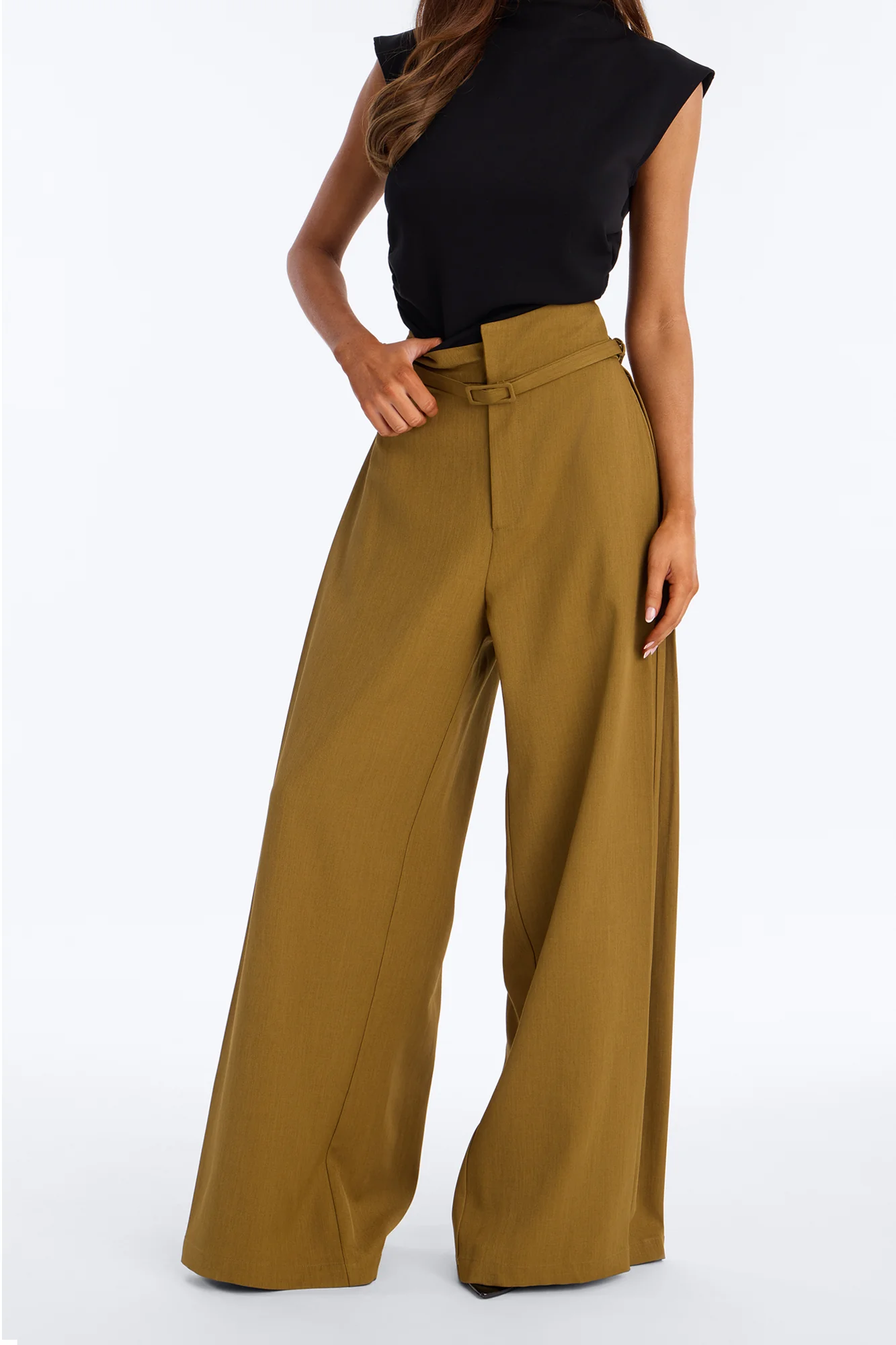 Amaia Asymmetrical Waist Belted Pleated Trouser - Olive - Image 2
