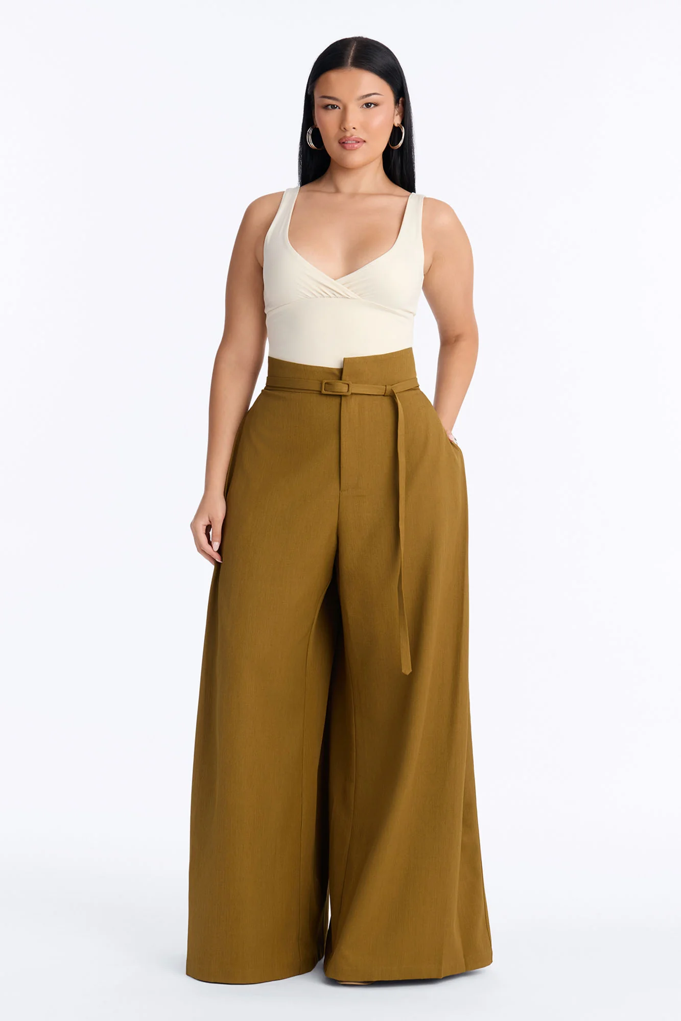 Amaia Asymmetrical Waist Belted Pleated Trouser - Olive - Image 5