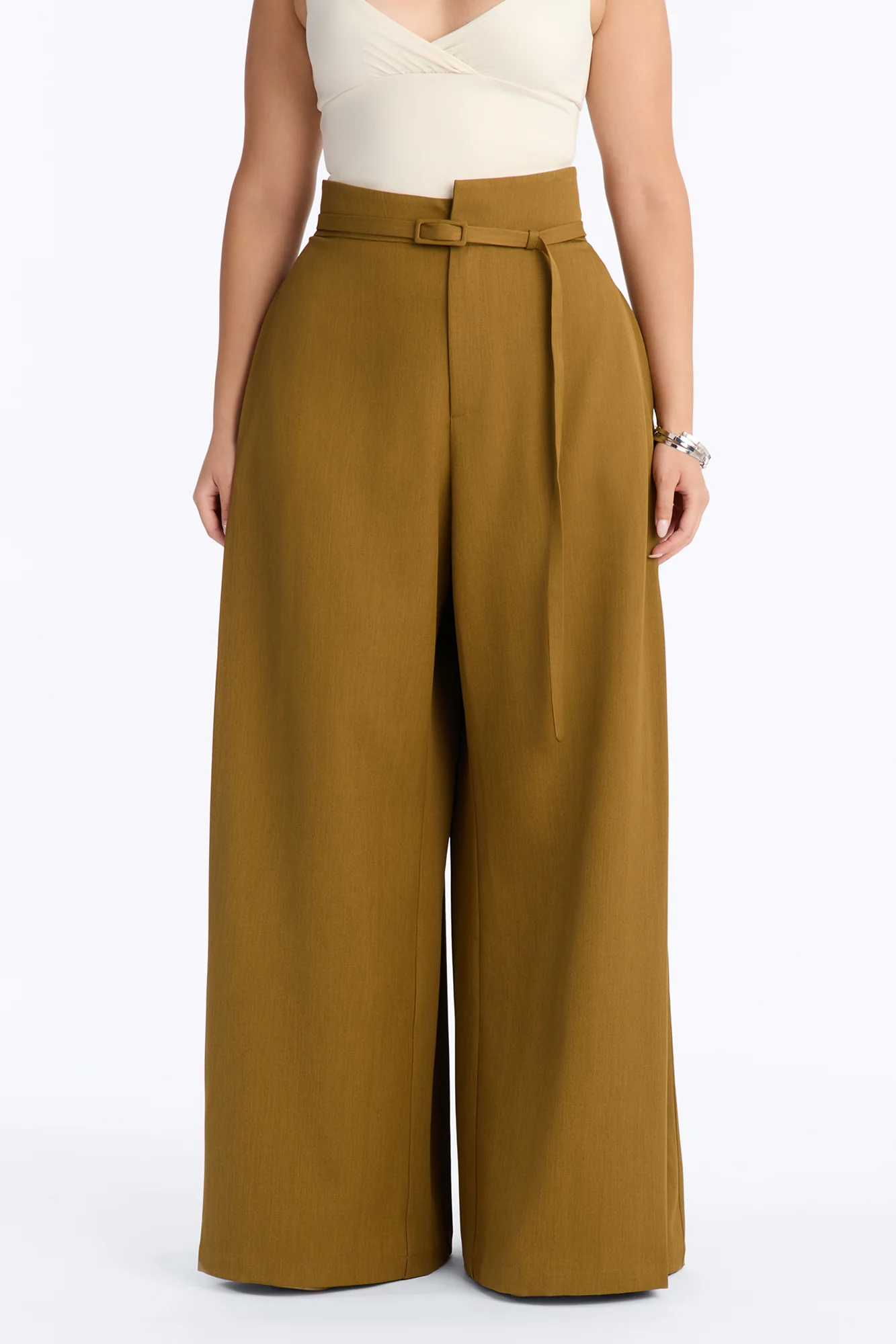 Amaia Asymmetrical Waist Belted Pleated Trouser - Olive - Image 6