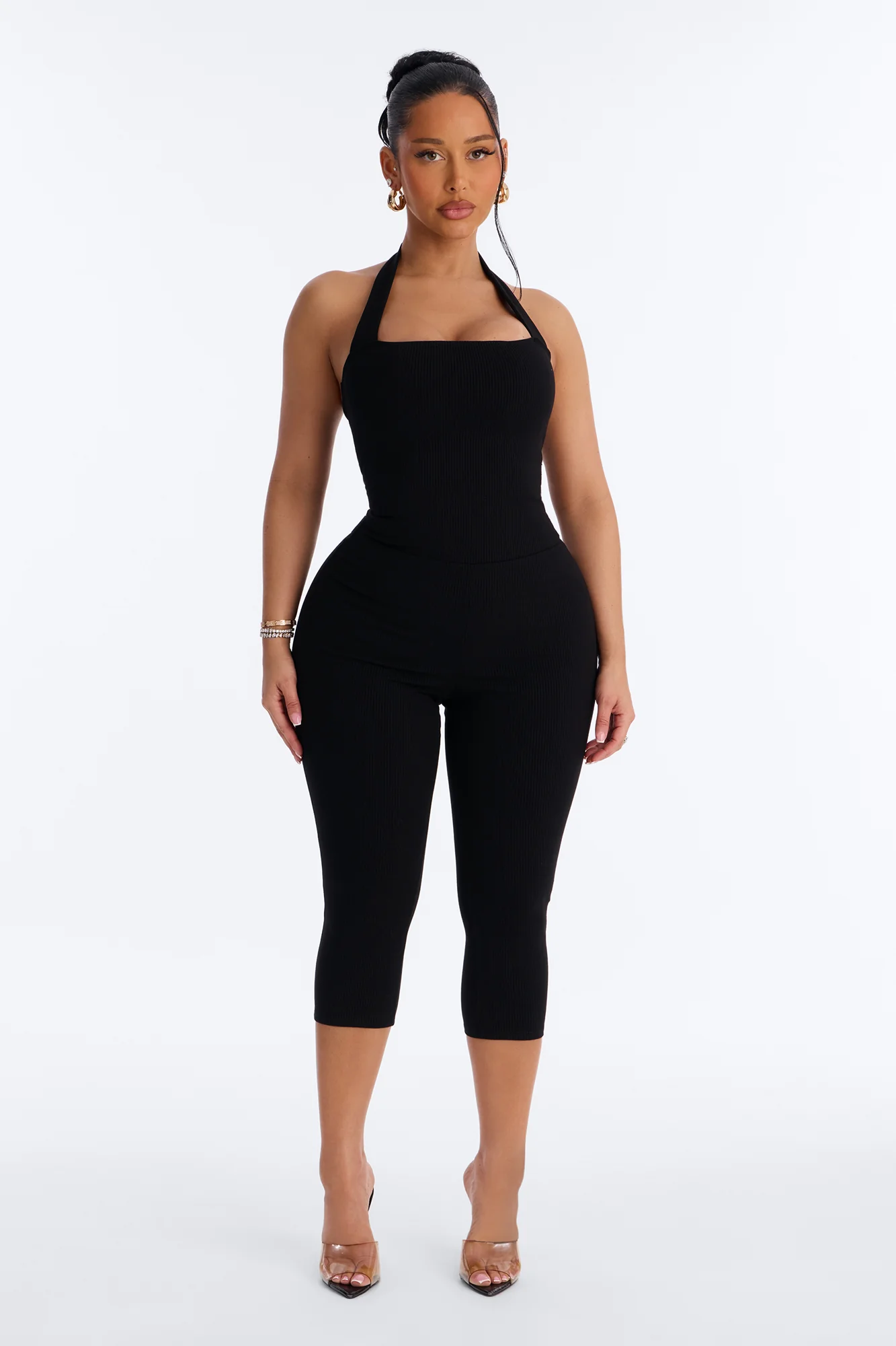 Amara Snatched Capri Halter Jumpsuit - Black