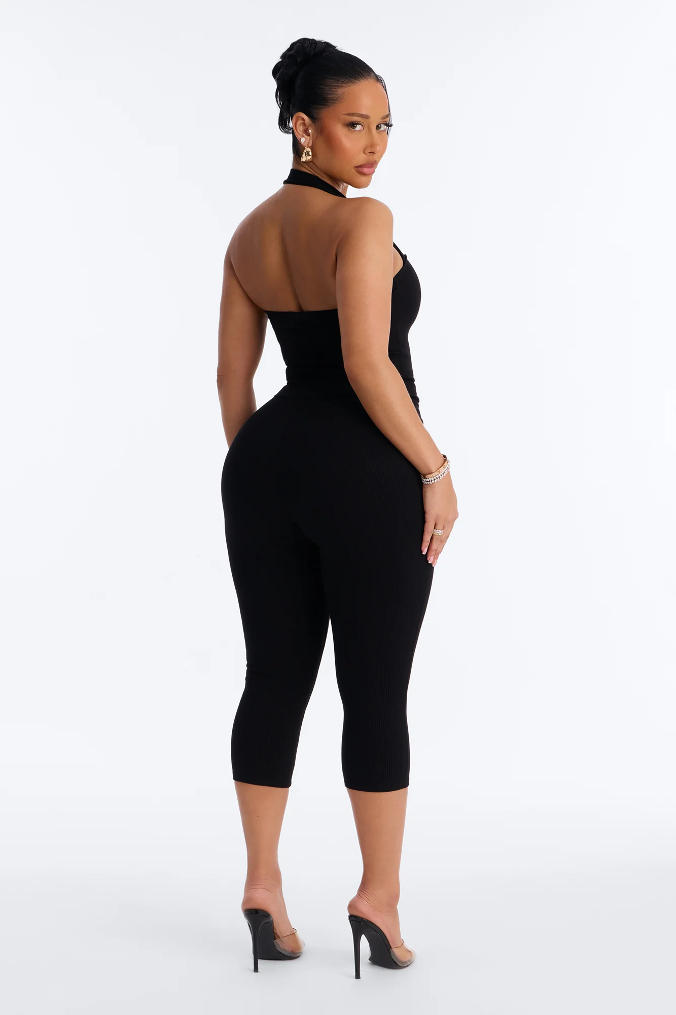 Amara Snatched Capri Halter Jumpsuit - Black - Image 4