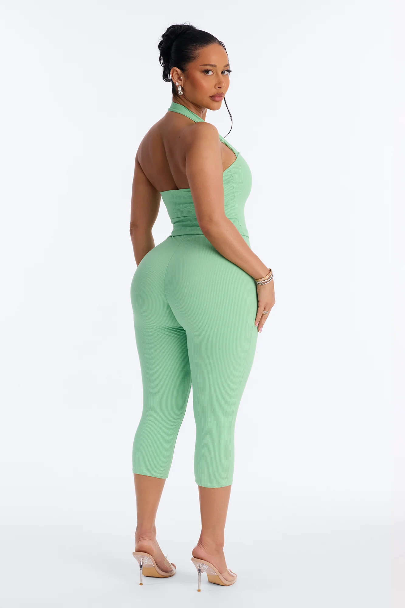 Amara Snatched Capri Halter Jumpsuit - Green - Image 4