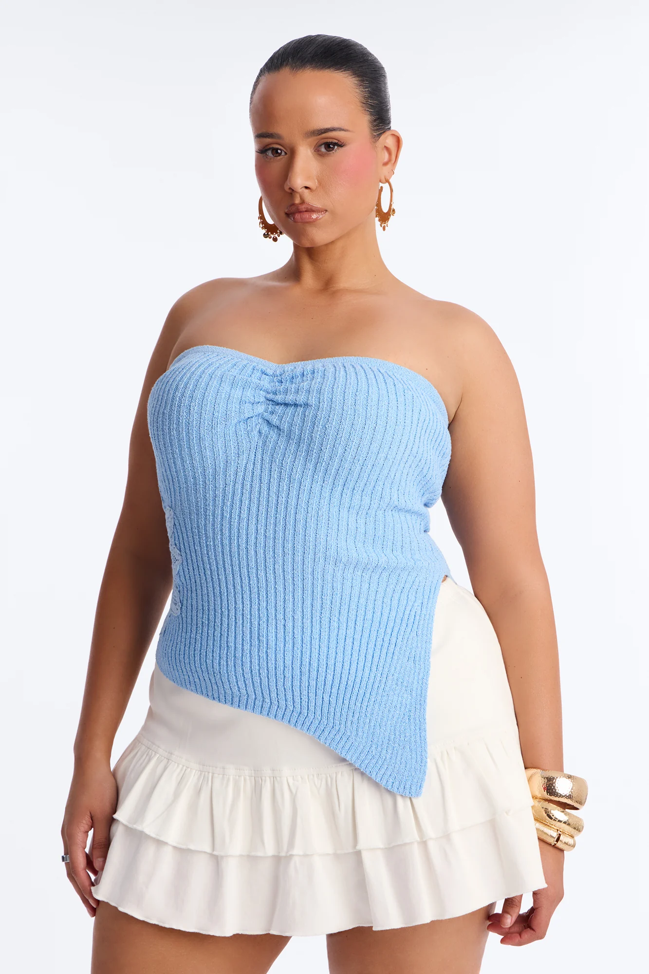 Amelia Asymmetric Strapless Sweater Top - Blue - Image 4