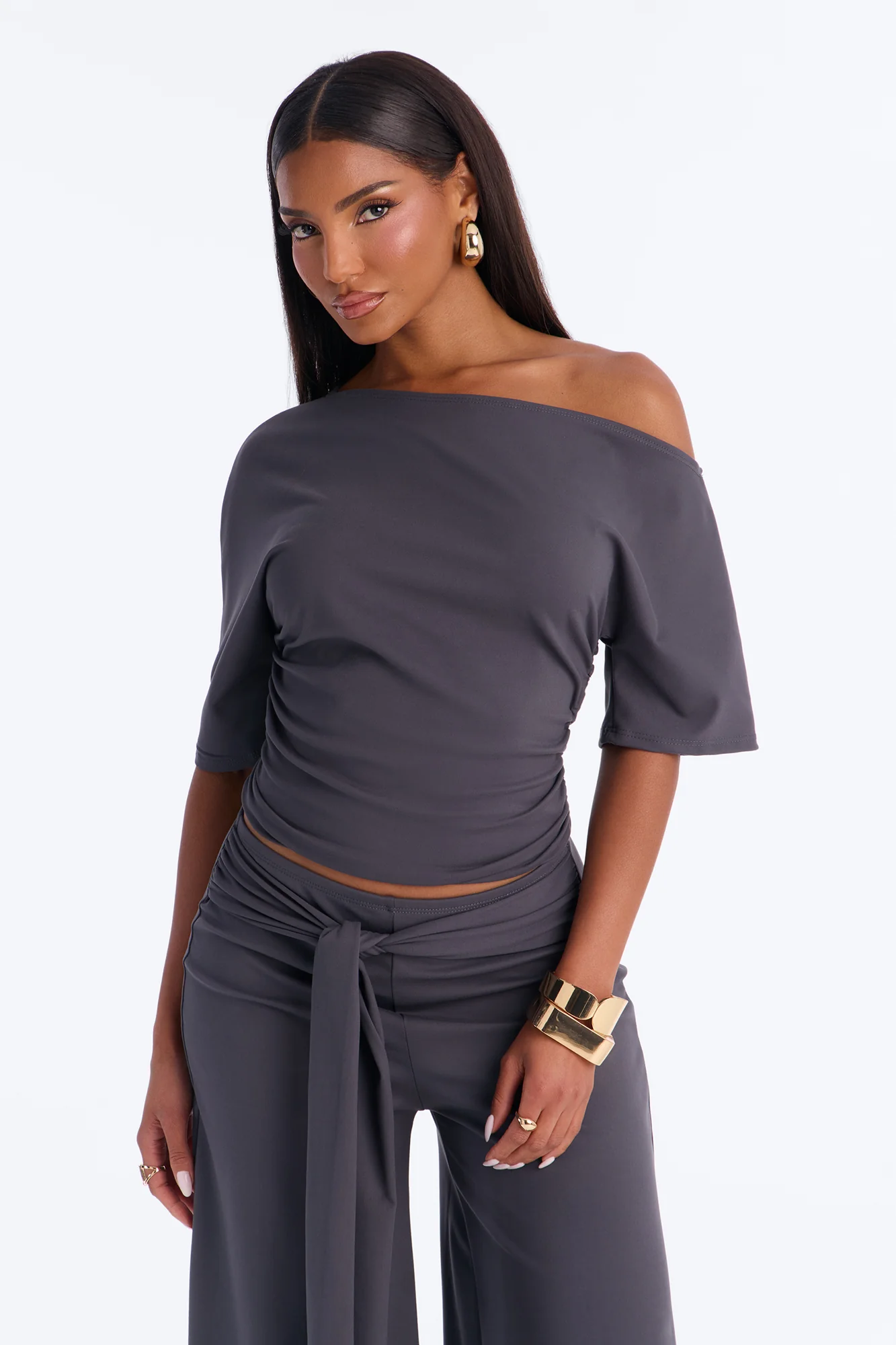 Amelie Tie Front Gaucho Pant Set - Charcoal - Image 4