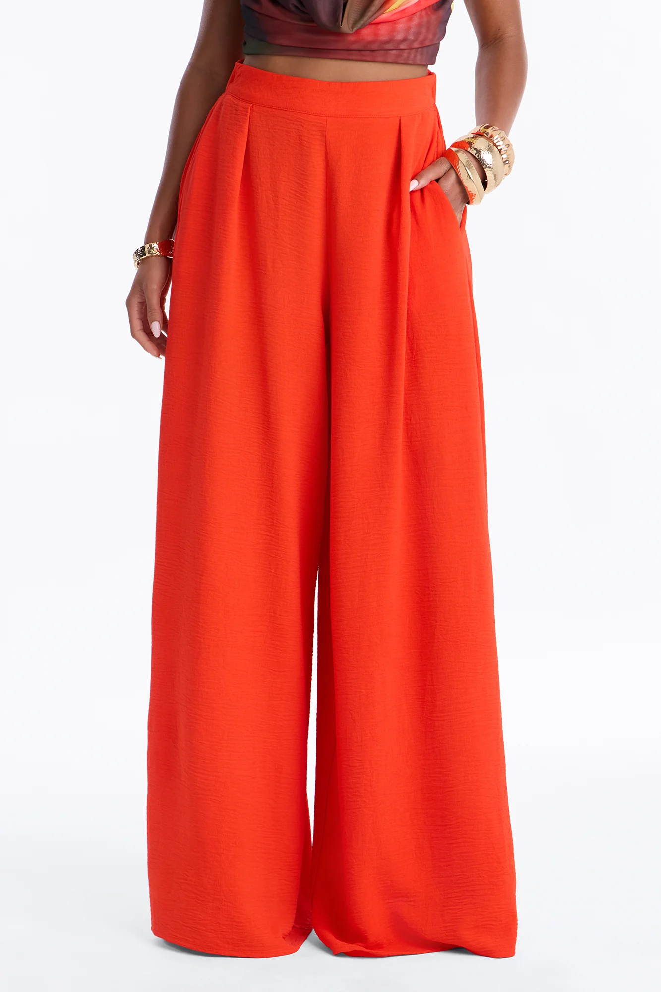 Amiah High Rise Wide Leg Flowy Pant 33″ - Tomato Red - Image 2