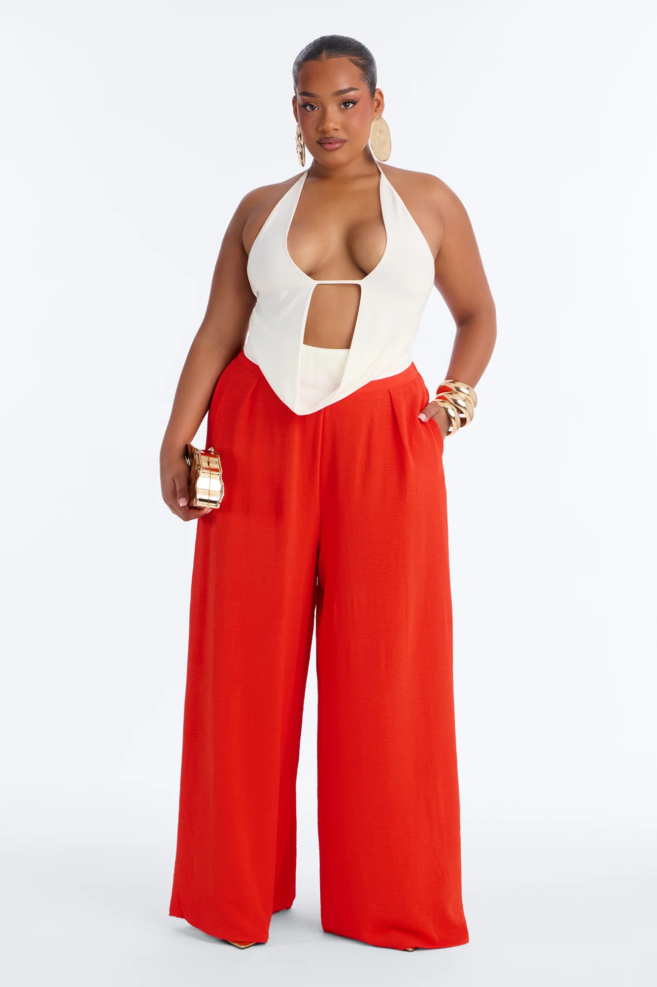 Amiah High Rise Wide Leg Flowy Pant 33″ - Tomato Red - Image 4