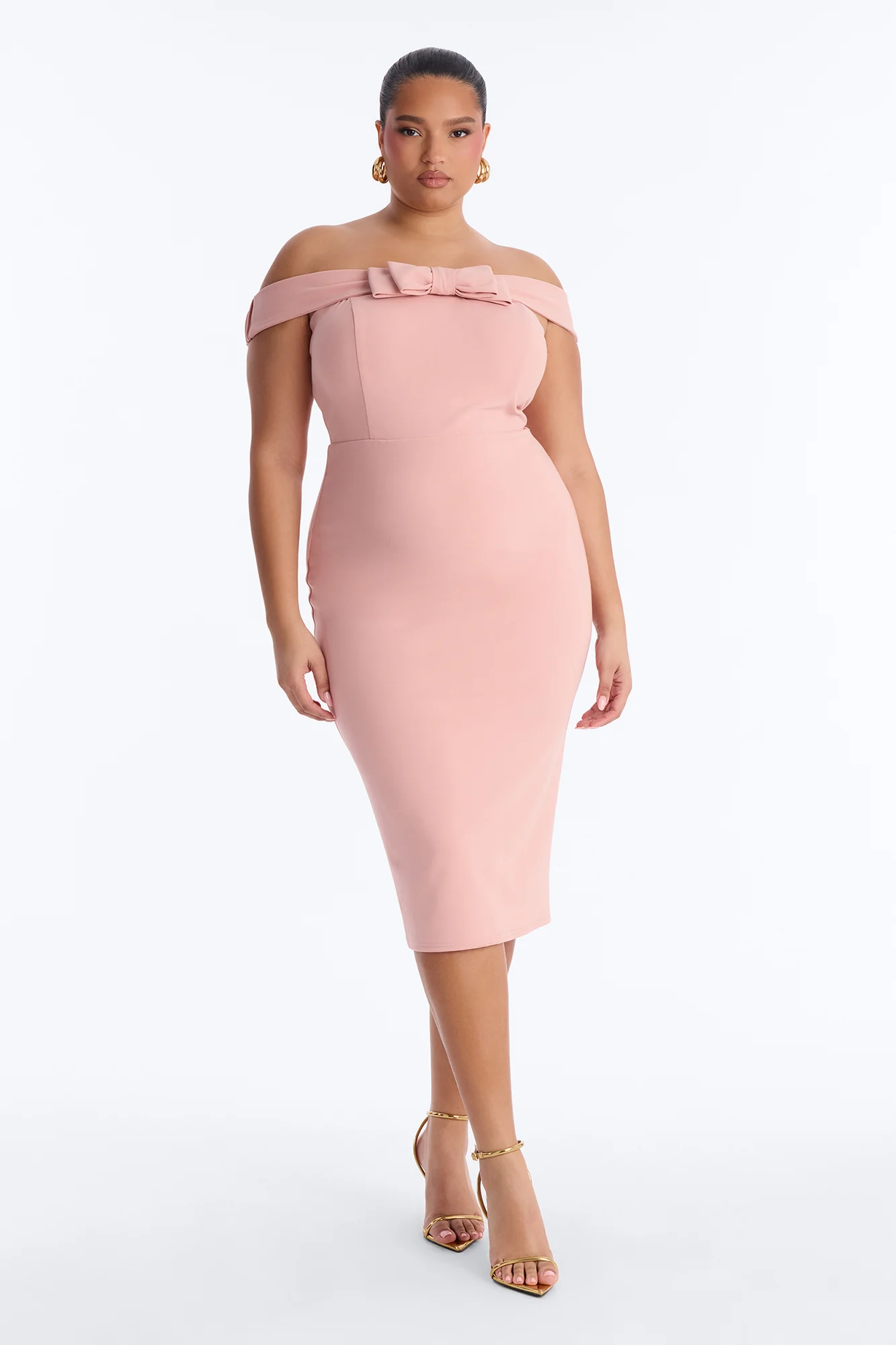 Anabella Off Shoulder Bow Midi Dress - Pink - Image 5