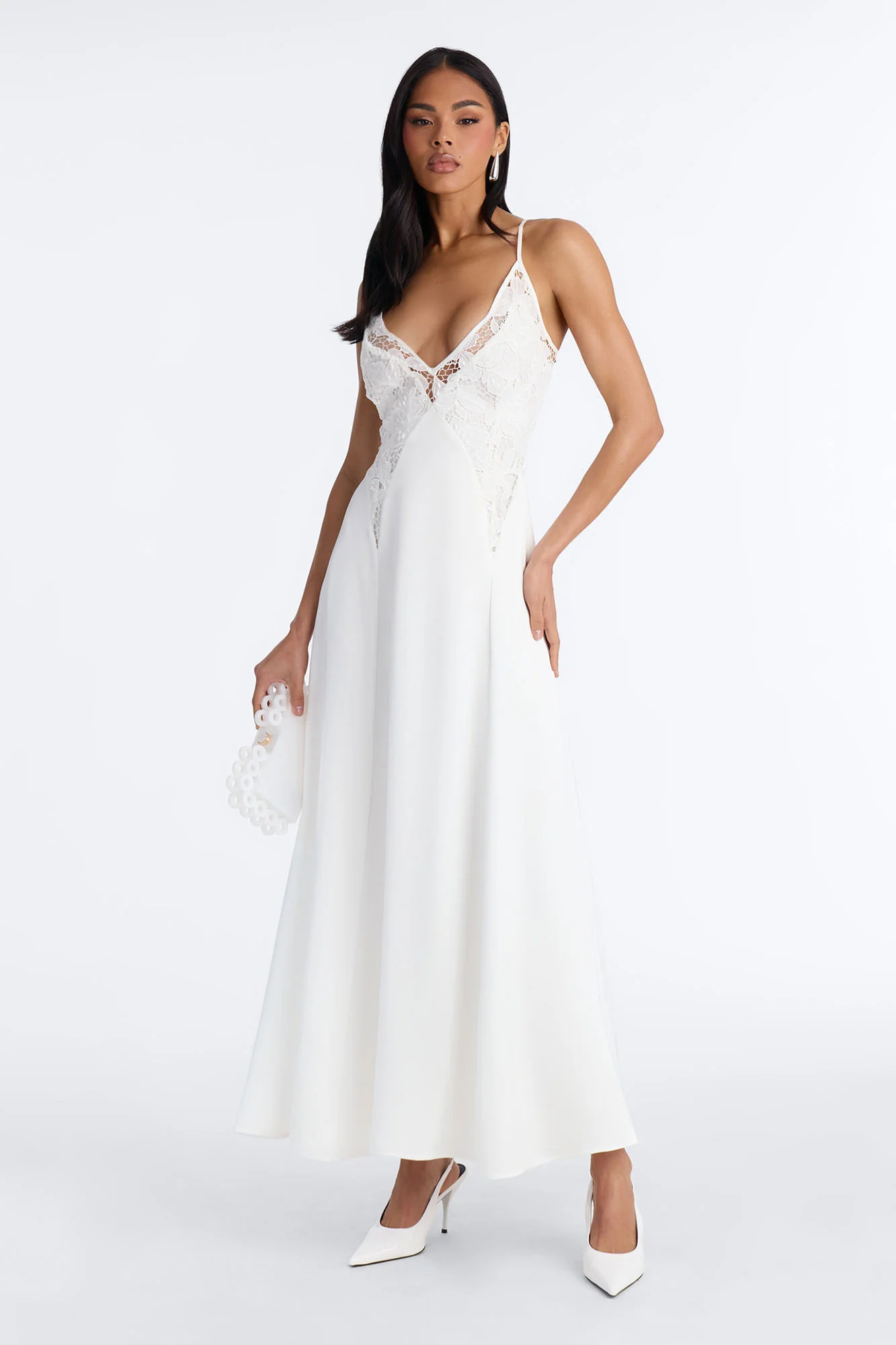 Analeigh Lace Satin Maxi Dress - White