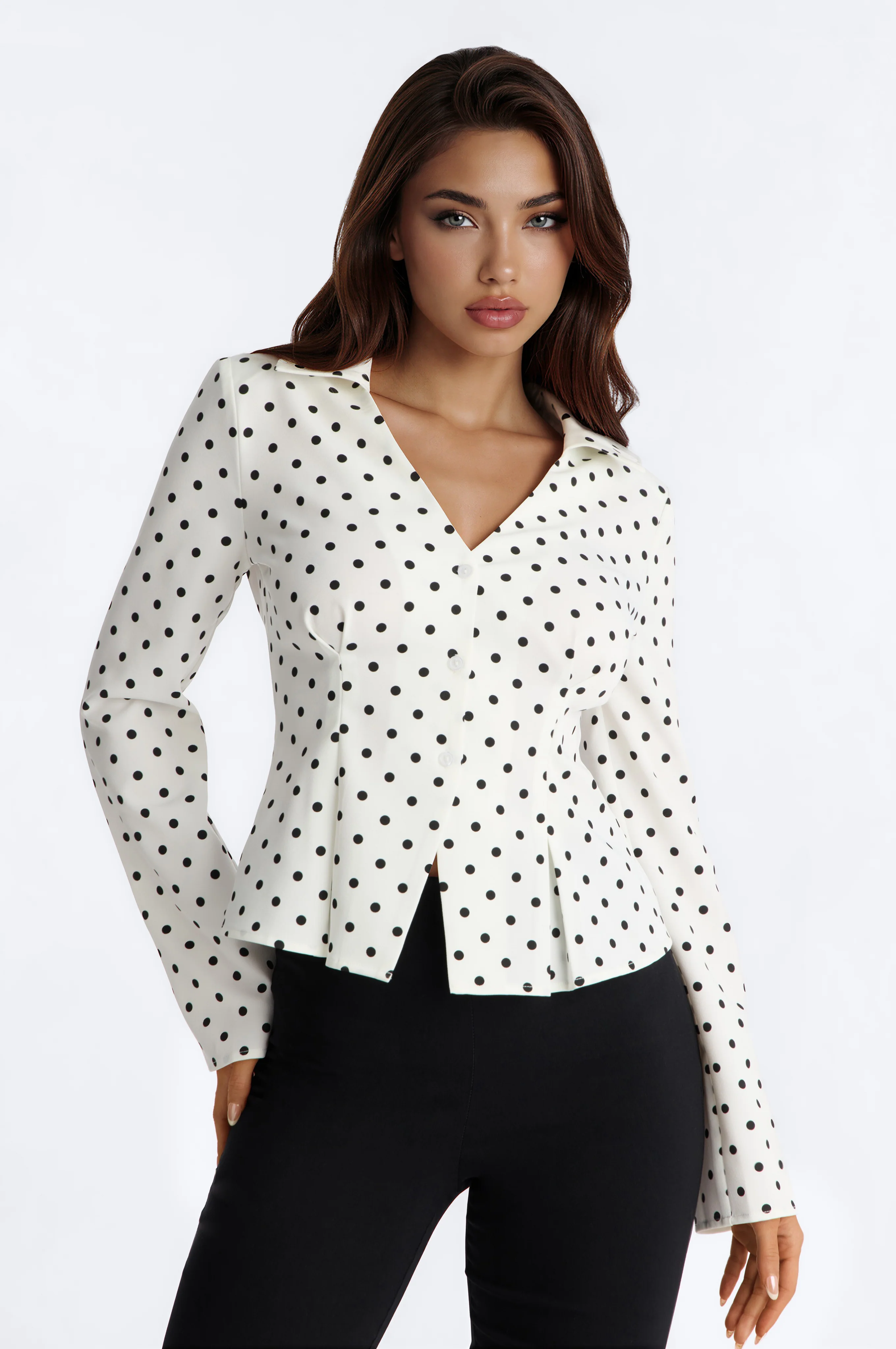 Anaya Peplum Long Sleeve Dot Shirt - White/combo
