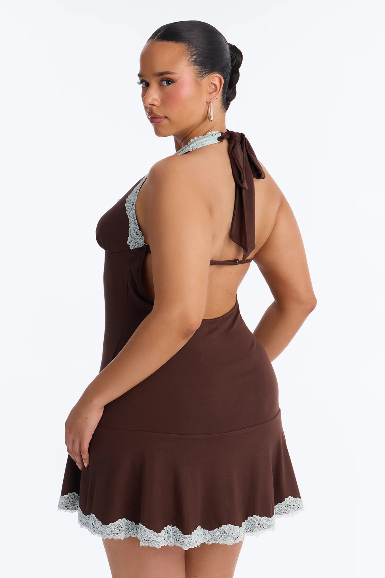 Andi Lace Trim Halter Mini Dress - Chocolate/Combo - Image 9